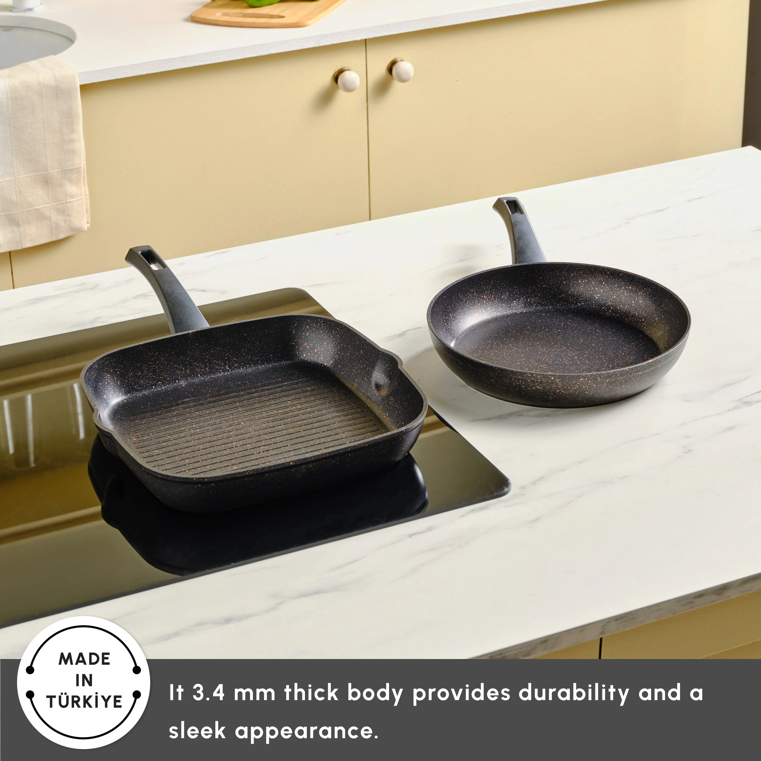 Karaca Blackgold Biogranite 2-Piece Induction Pan-Grill Set, Black Gold - Image 3