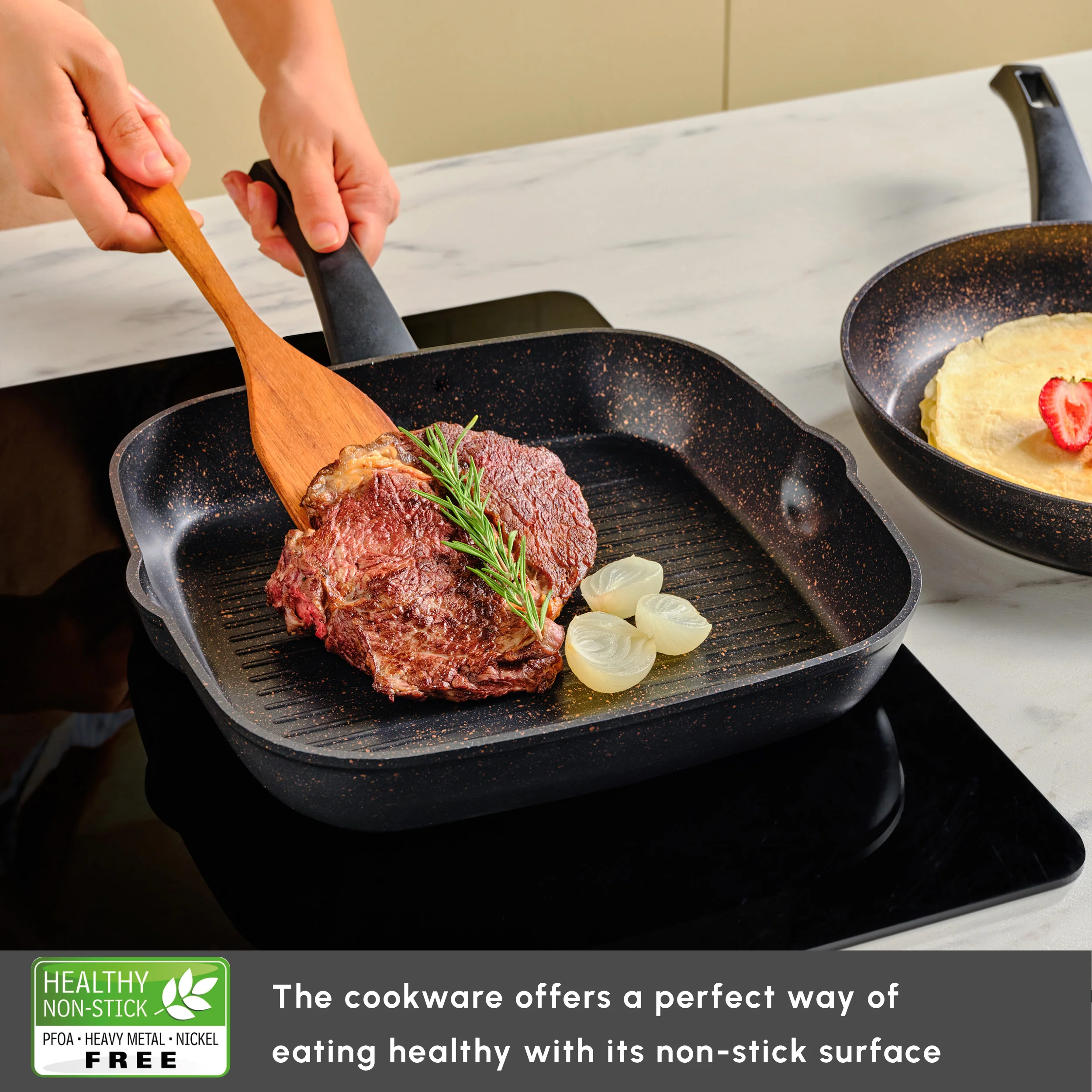 Karaca Blackgold Biogranite 2-Piece Induction Pan-Grill Set, Black Gold - Image 6