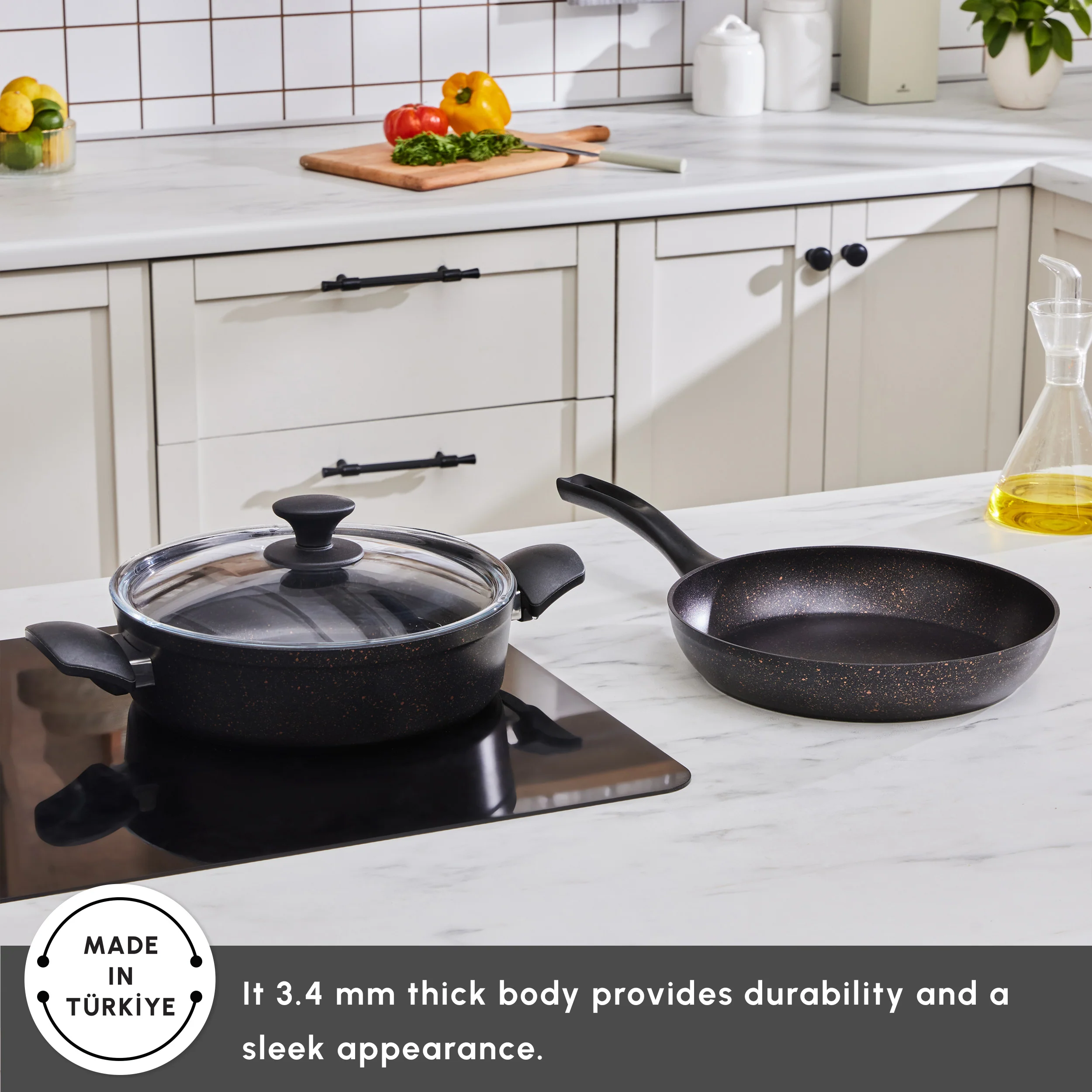 Karaca Blackgold Biogranite 3-Piece Non-Stick Induction Cookware Set, Black Gold - Image 3