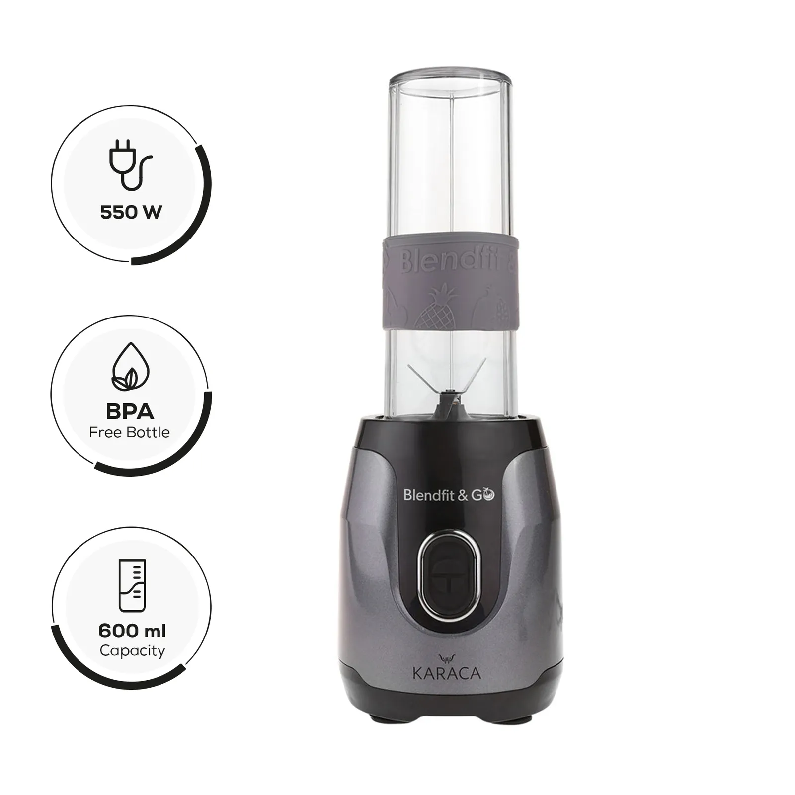 Karaca Blendfit Go Personal Smoothie Blender, 2x 600ml Bottle, 550W, Anthracite - Image 3