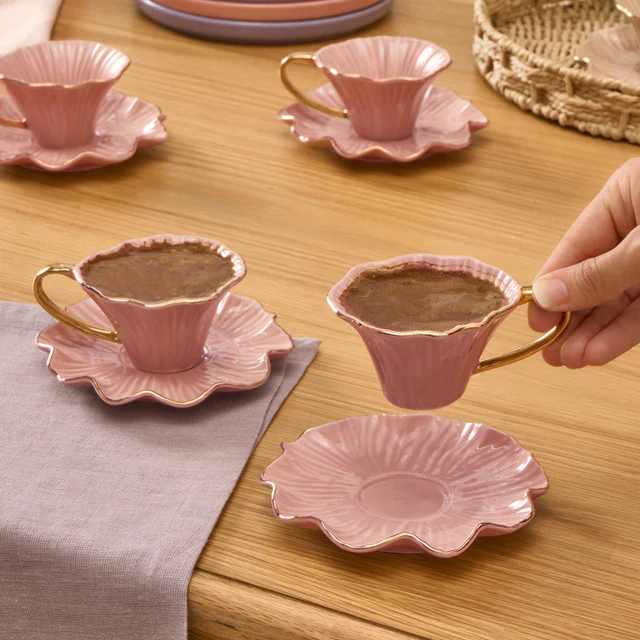 Karaca Bliss 12-Piece Porcelain Turkish Coffee Cup Set for 6 People, 90ml, Pink - Image 4