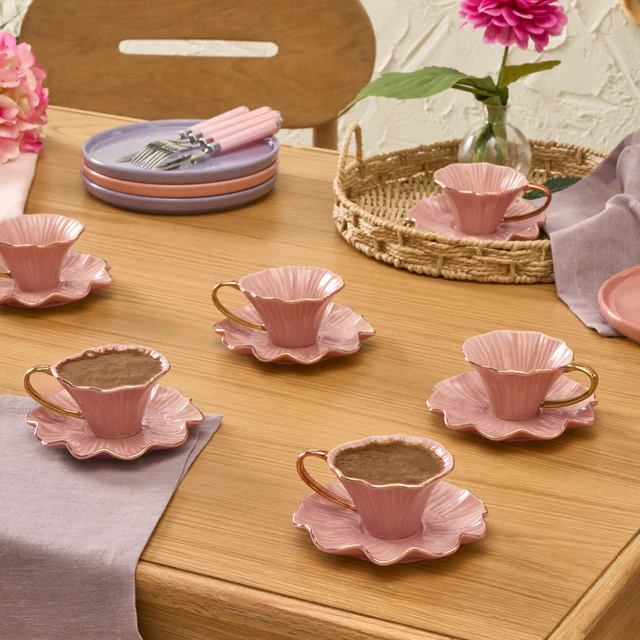 Karaca Bliss 12-Piece Porcelain Turkish Coffee Cup Set for 6 People, 90ml, Pink - Image 5