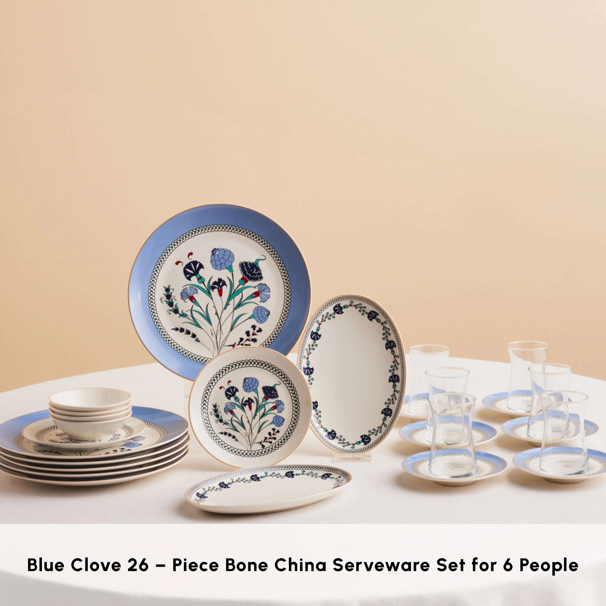 Karaca Bone China Blue Clove 26-Piece Serveware Set for 6 People, Multi - Image 3