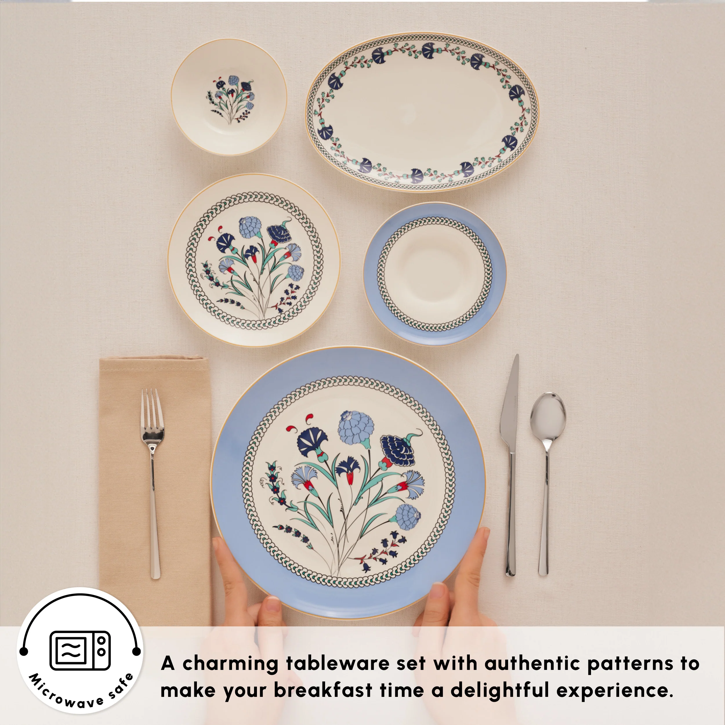 Karaca Bone China Blue Clove 26-Piece Serveware Set for 6 People, Multi - Image 4