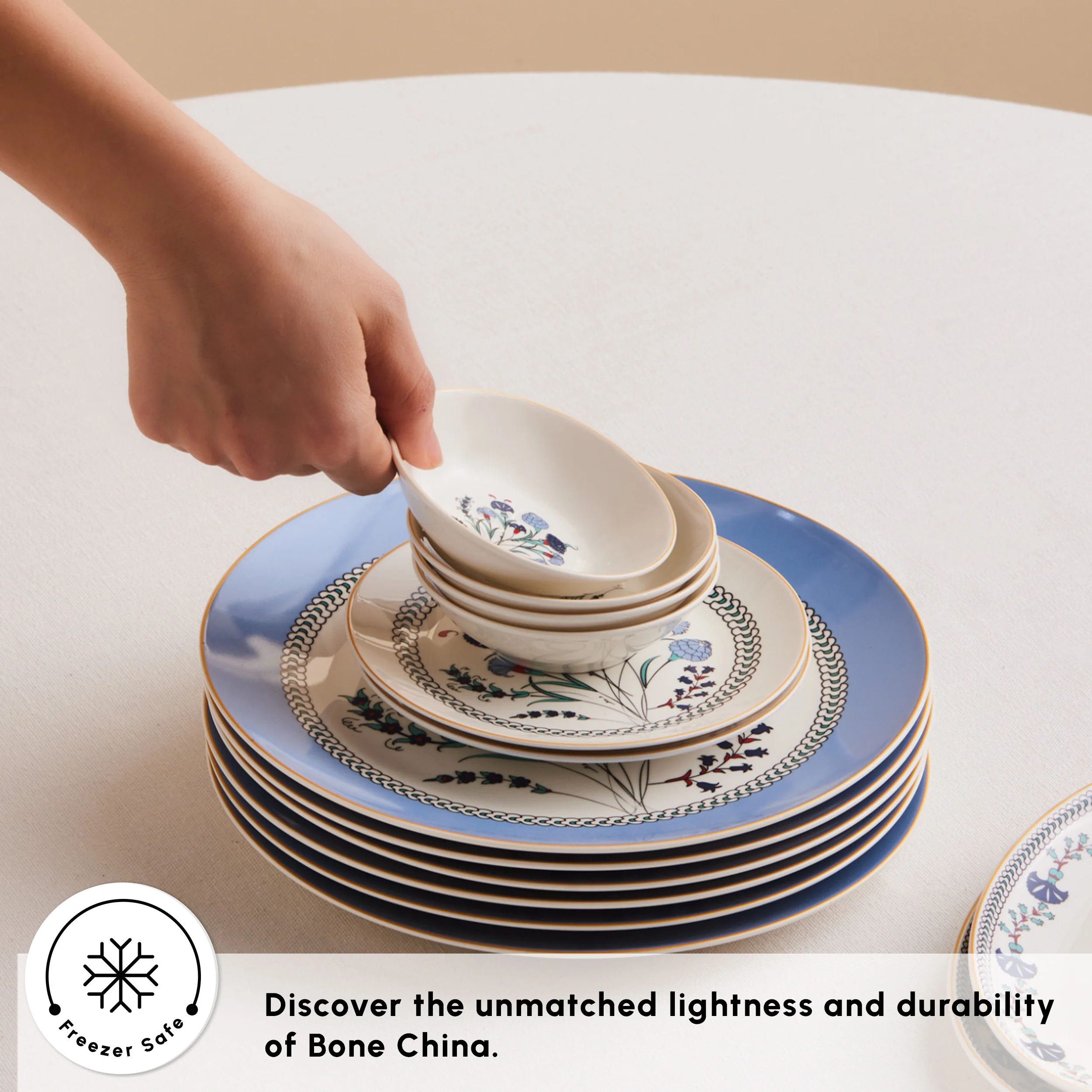 Karaca Bone China Blue Clove 26-Piece Serveware Set for 6 People, Multi - Image 6