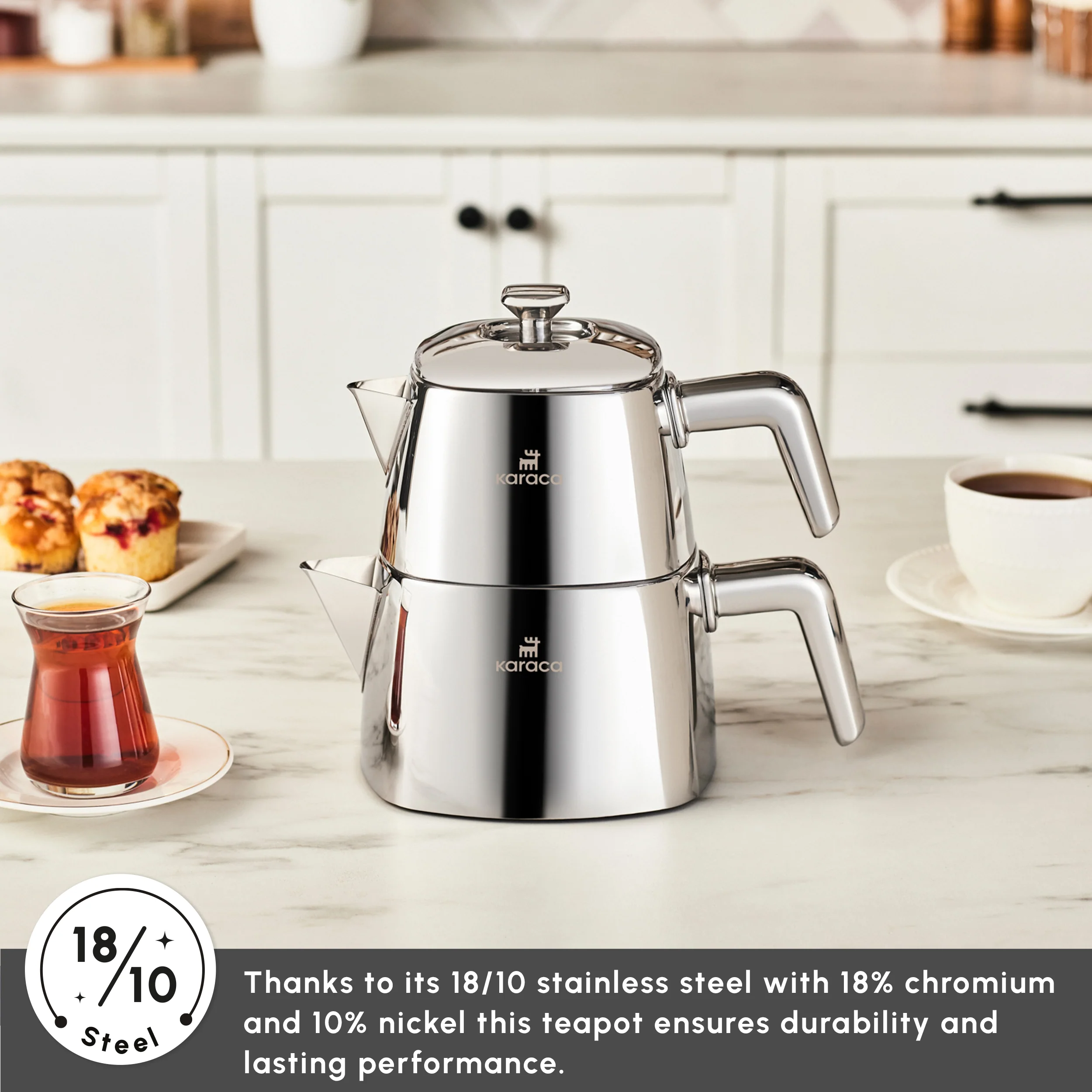 Karaca Brewinox Stainless Steel Teapot Set, Midi, Inox - Image 2