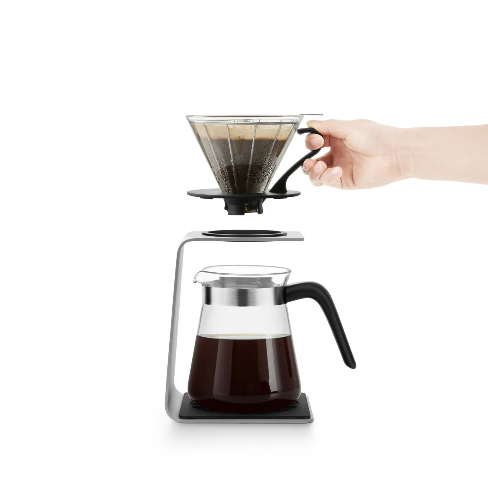 Karaca Brewy Glass Pour Over Coffee Maker Set with Stand, 600ml, Silver Black - Image 4