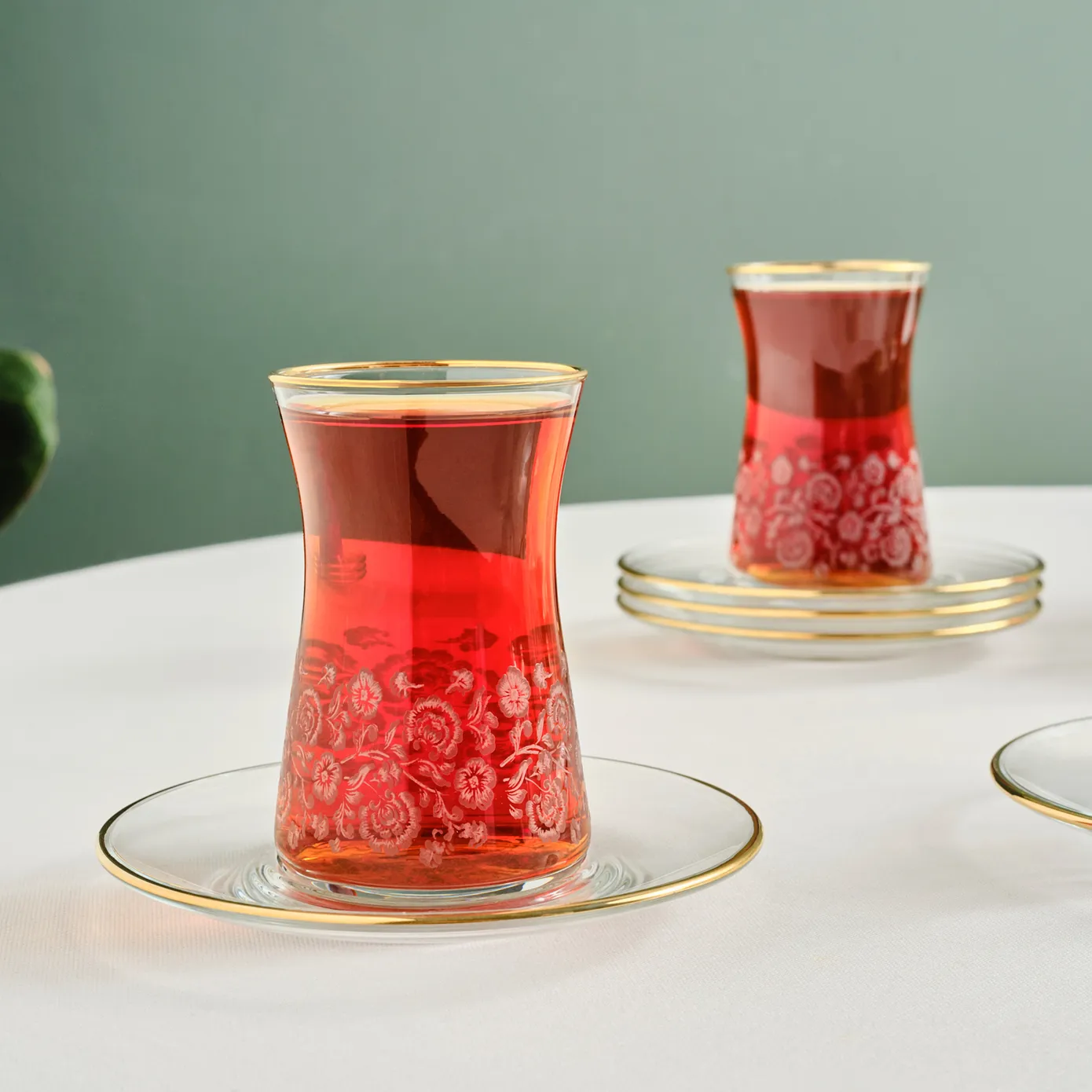 Karaca Brugge 12-Piece Glass Turkish Tea Set for 6 People, Gold - Image 6