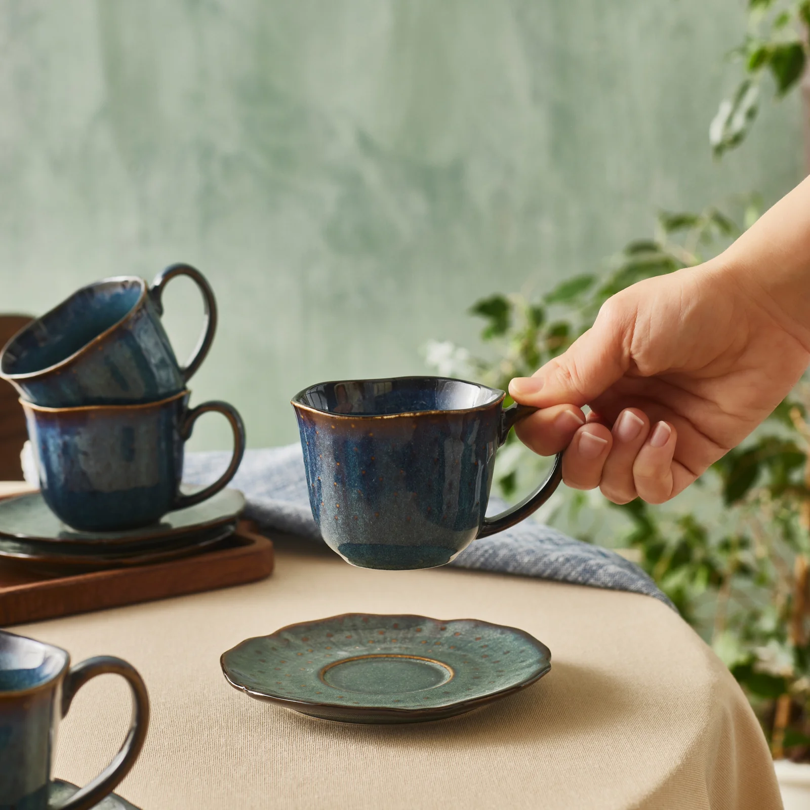 Karaca Bryggen 12-Piece Reactive Glaze Tea Cup and Saucer Set for 6 People, 250ml, Multi - Image 3