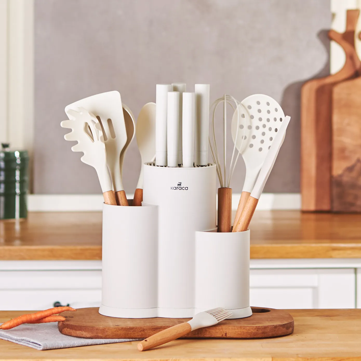 Karaca Burby 14 Piece Knife Block Set, Cream