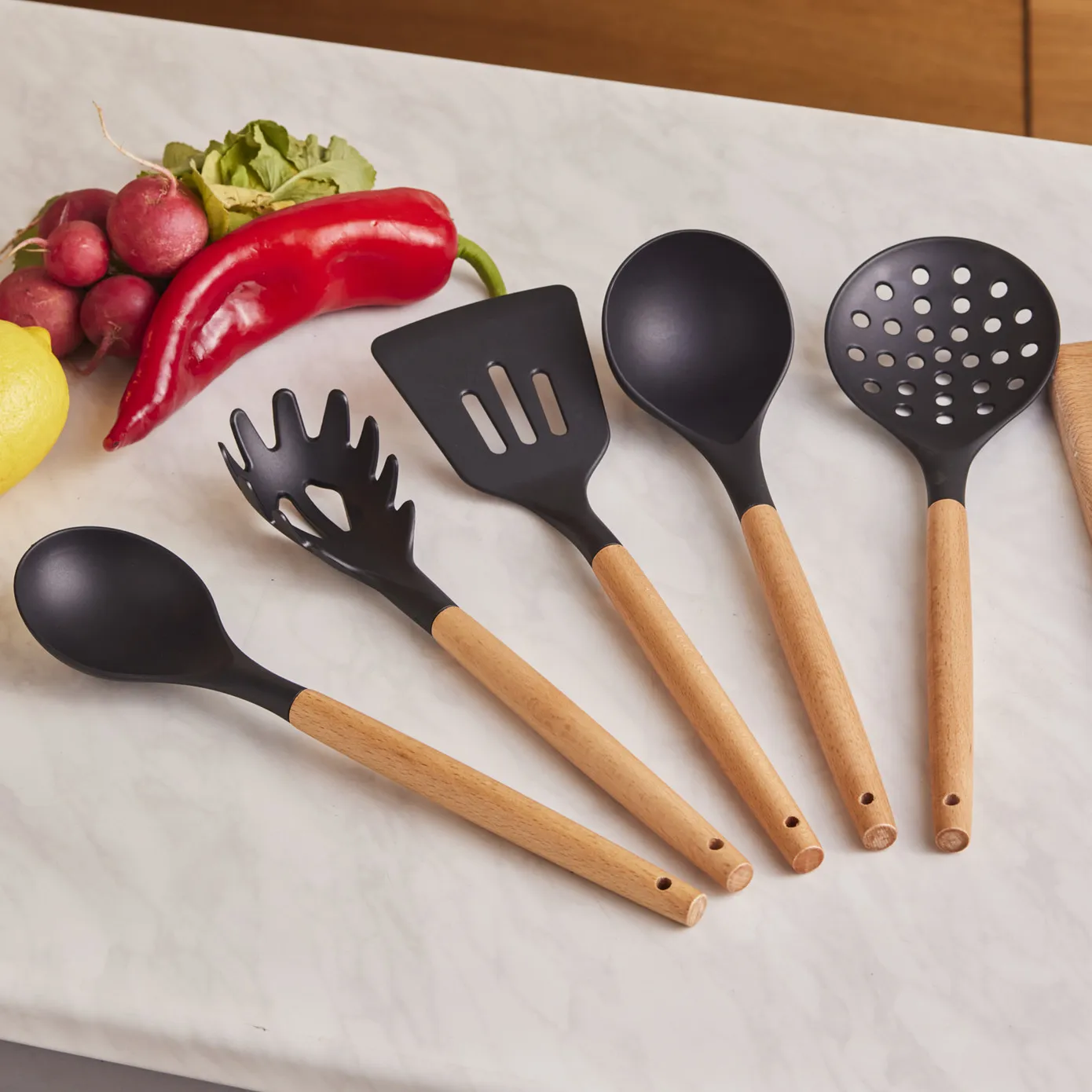 Karaca Burby Wood Knife Block Set and Kitchen Utensil Set, 14 Piece, Wood Black - Image 4