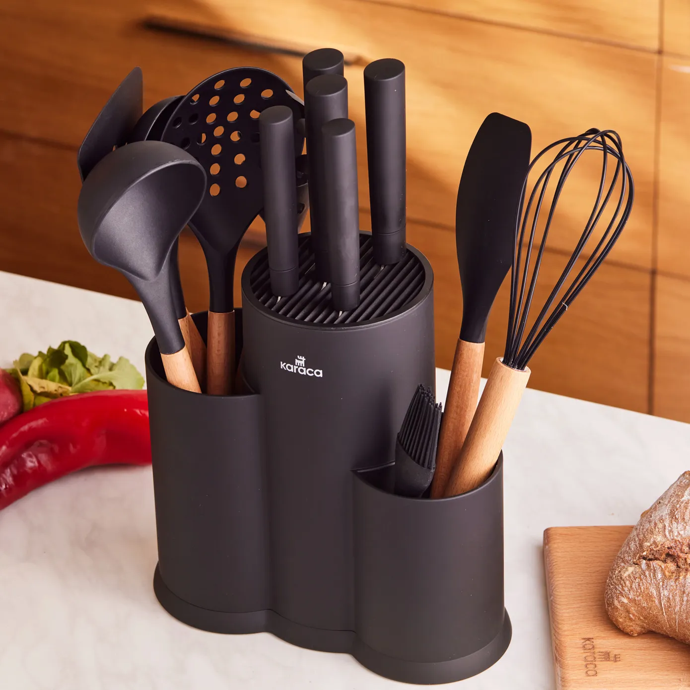 Karaca Burby Wood Knife Block Set and Kitchen Utensil Set, 14 Piece, Wood Black - Image 5