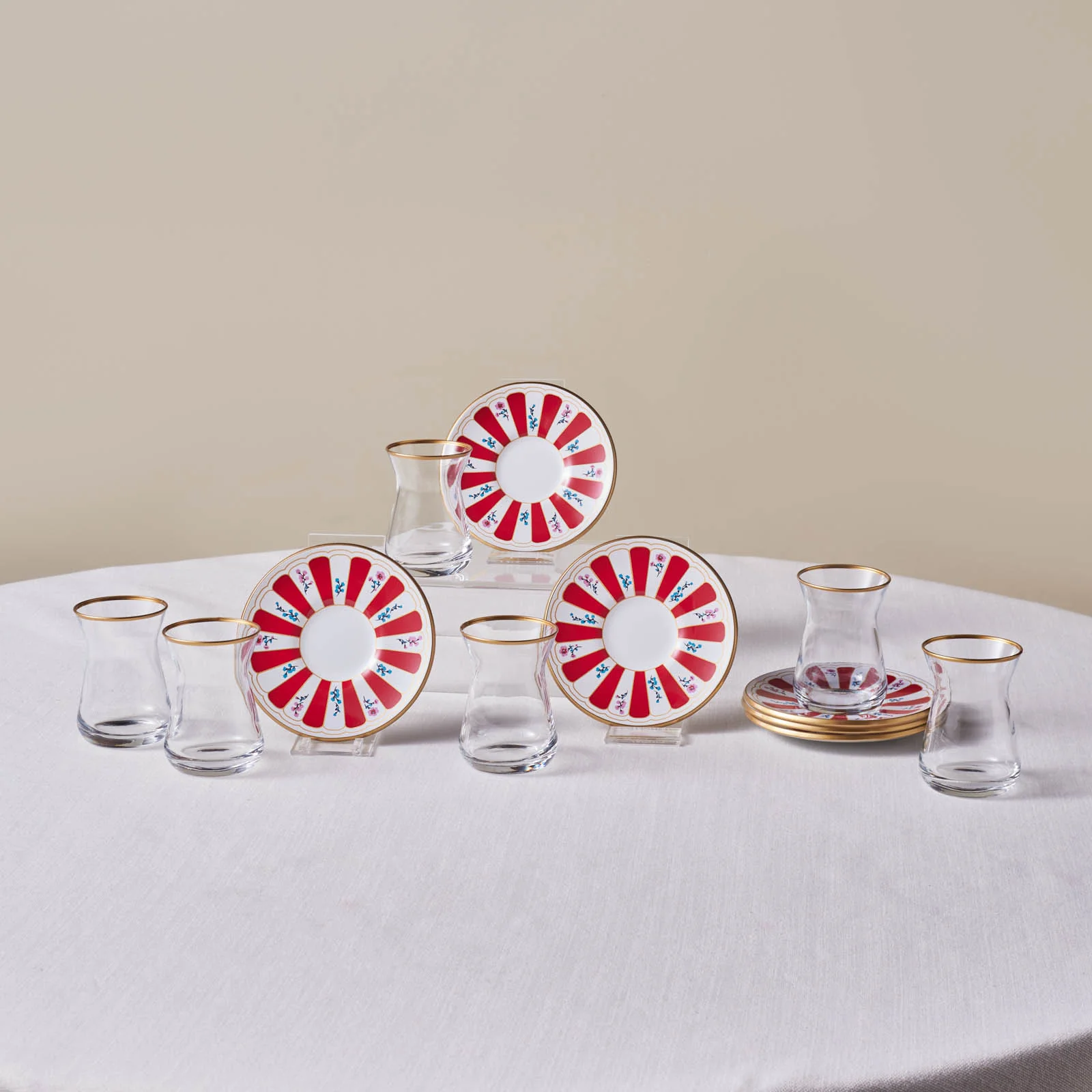Karaca Bursa 12-Piece Glass Turkish Tea Set for 6 People, 132ml, Red