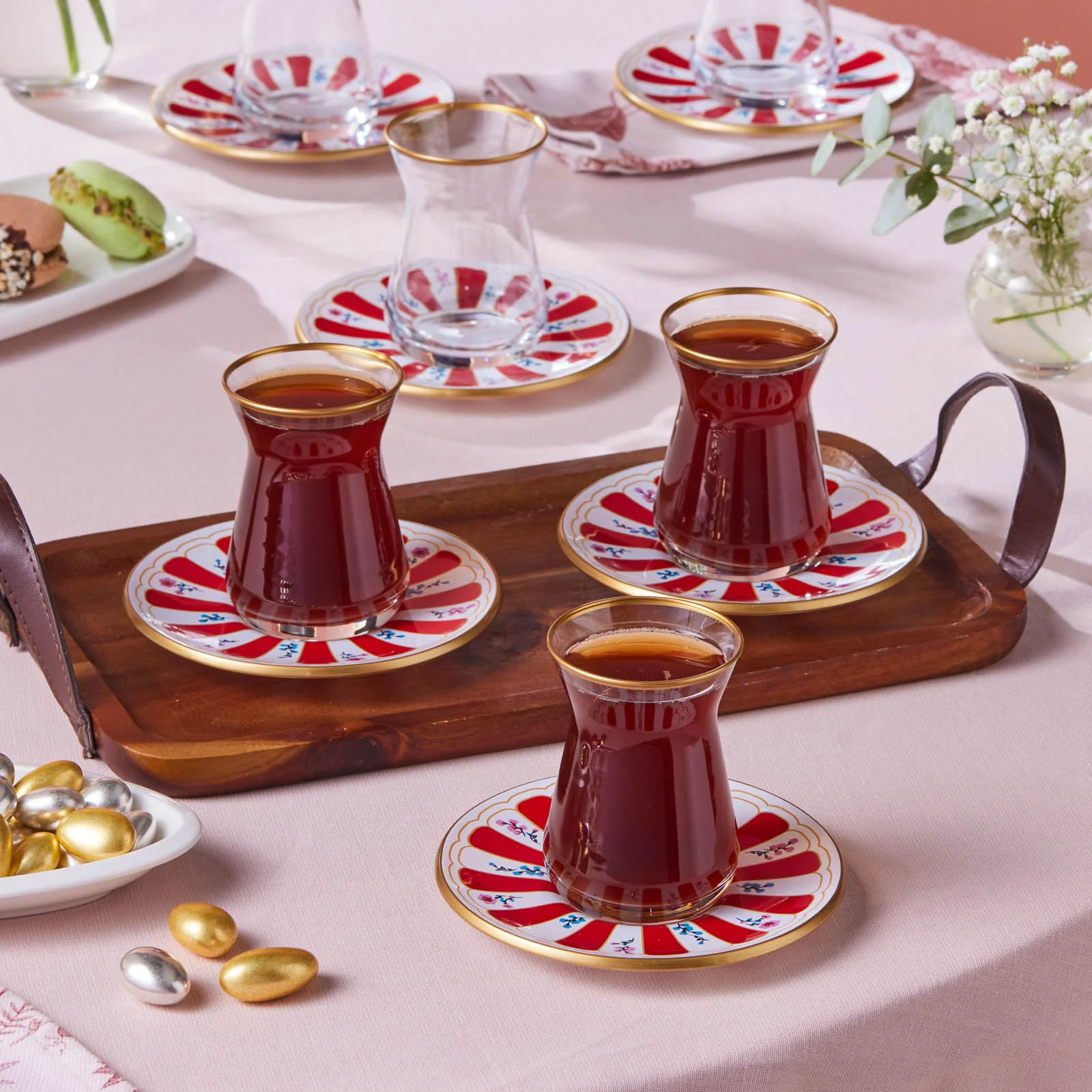 Karaca Bursa 12-Piece Glass Turkish Tea Set for 6 People, 132ml, Red - Image 2