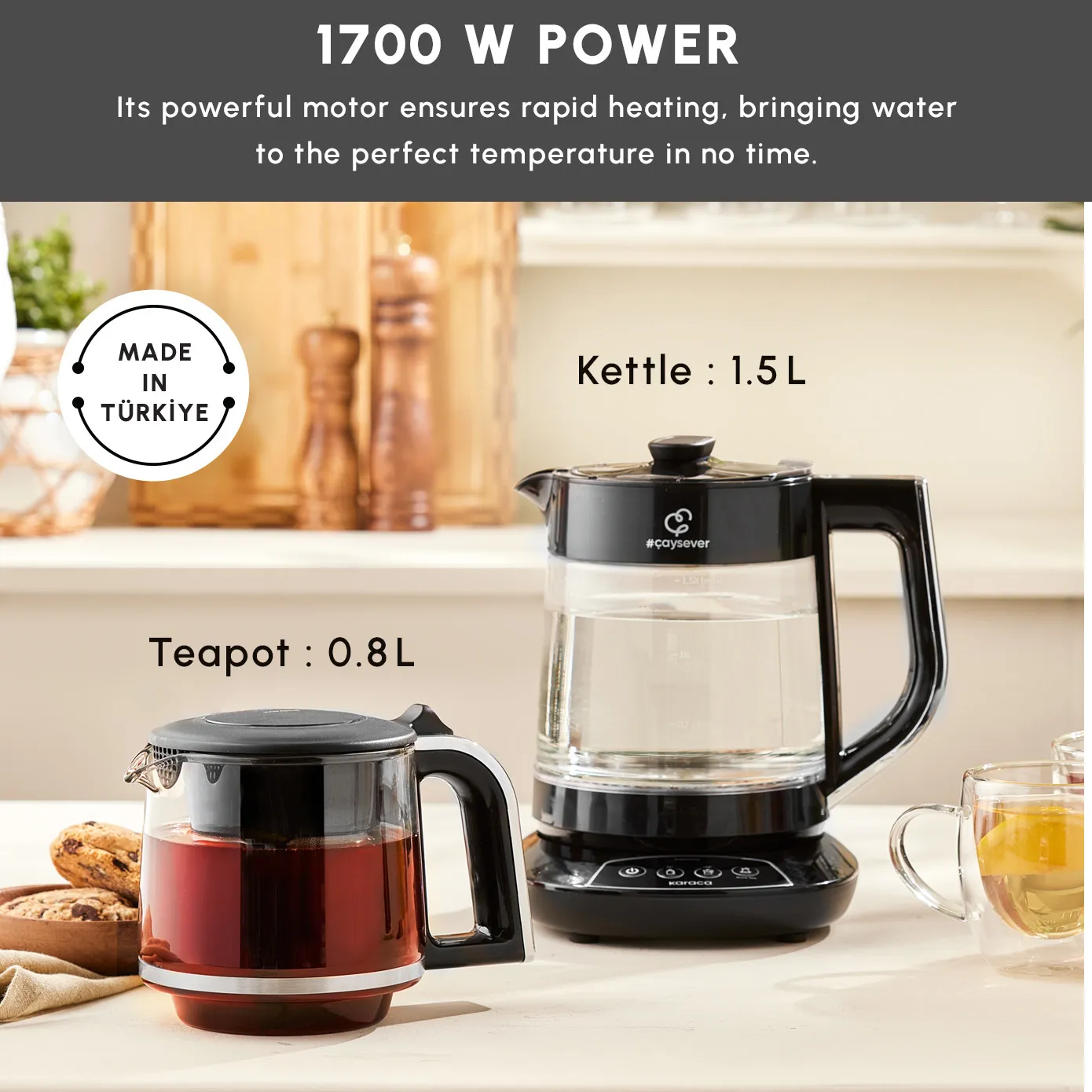 Karaca Caysever 3 in 1 Talking  Automatic Tea Maker Kettle and Baby Food Water Preparation, 1700W, Chrome - Image 3