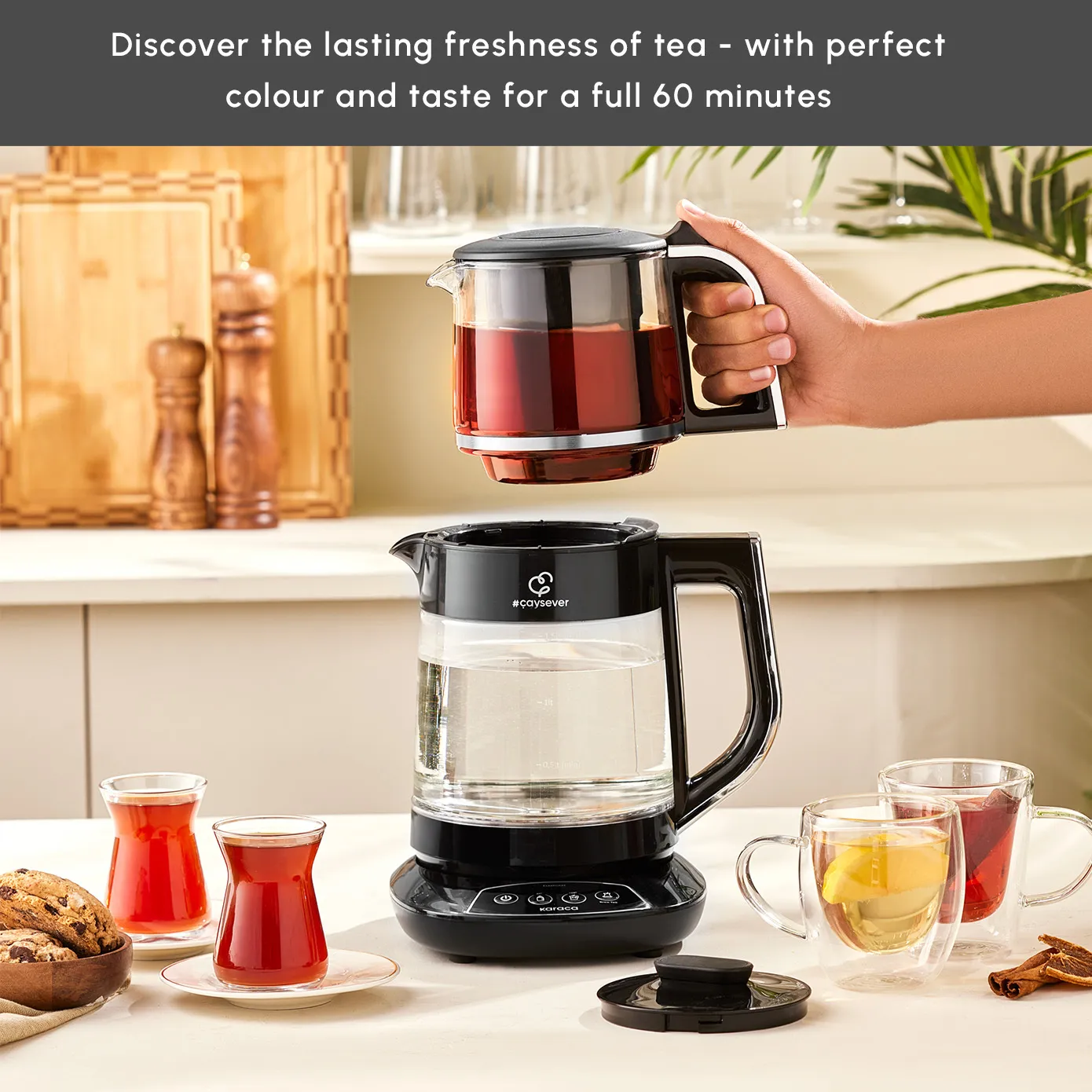 Karaca Caysever 3 in 1 Talking  Automatic Tea Maker Kettle and Baby Food Water Preparation, 1700W, Chrome - Image 4