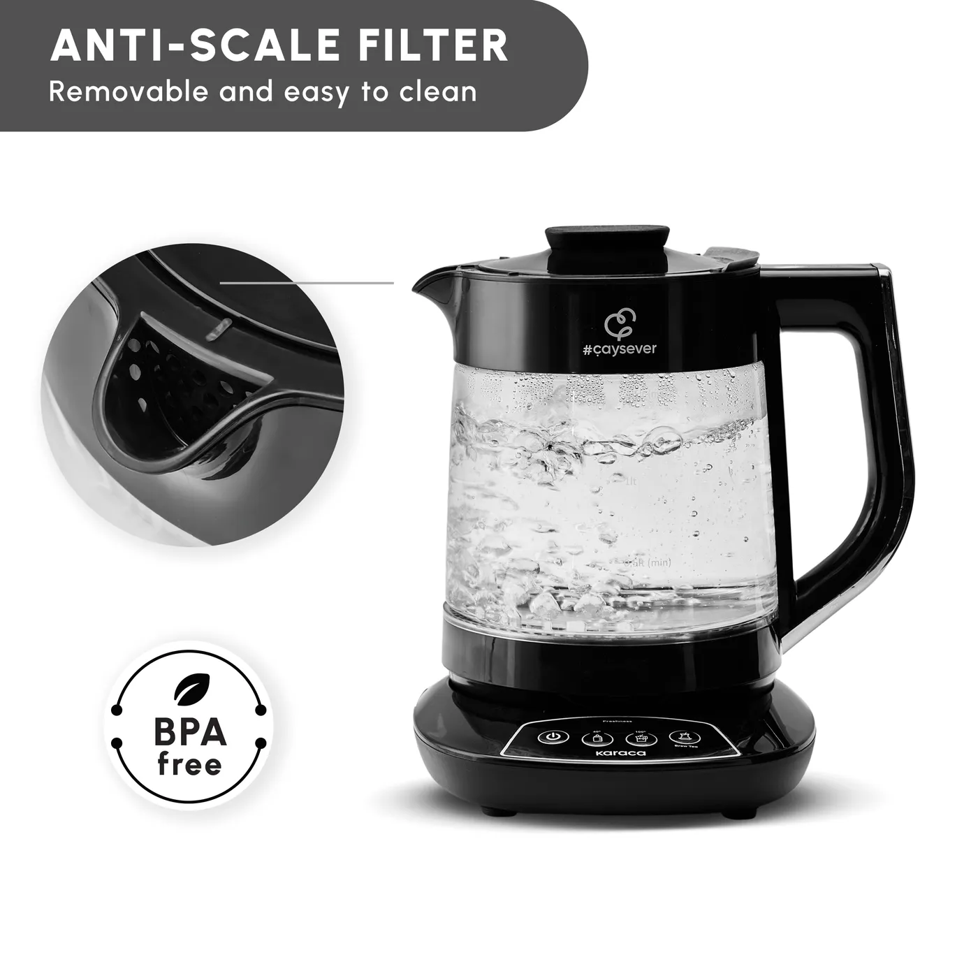 Karaca Caysever 3 in 1 Talking  Automatic Tea Maker Kettle and Baby Food Water Preparation, 1700W, Chrome - Image 5