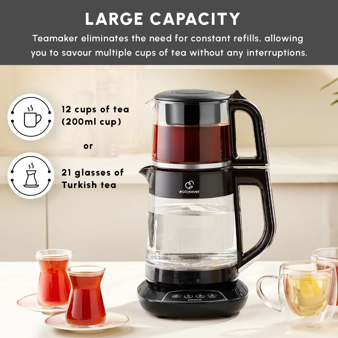 Karaca Caysever 3 in 1 Talking  Automatic Tea Maker Kettle and Baby Food Water Preparation, 1700W, Chrome - Image 6