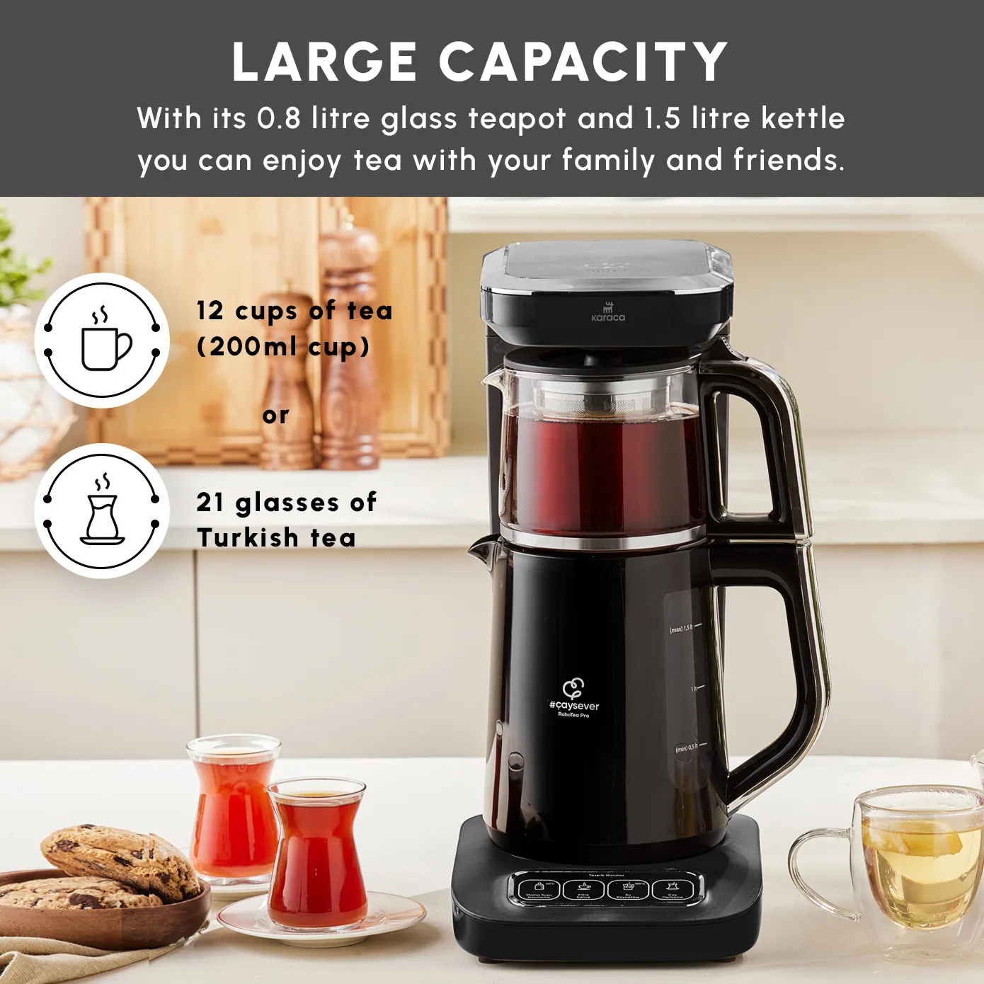 Karaca Caysever Robotea Pro 4 in 1 Talking Automatic Tea Maker Kettle and Filter Coffee Maker, 2500W, Black Chrome - Image 3