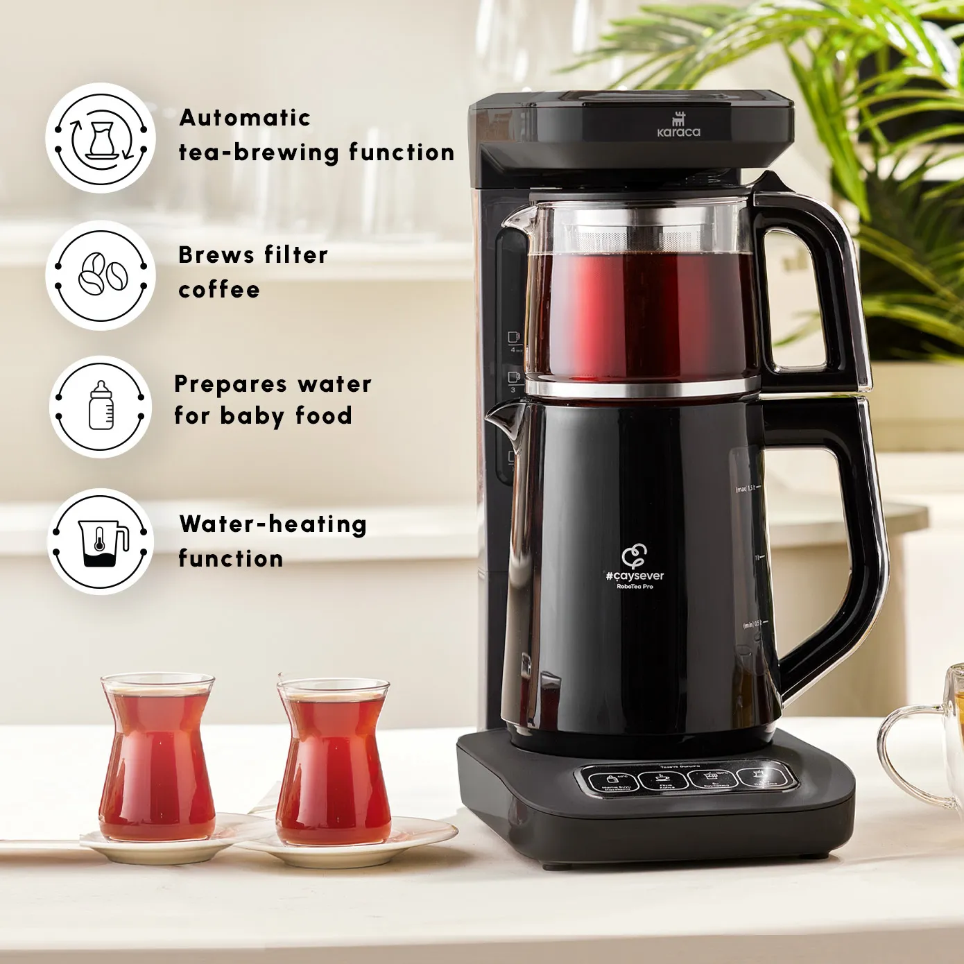 Karaca Caysever Robotea Pro 4 in 1 Talking Automatic Tea Maker Kettle and Filter Coffee Maker, 2500W, Black Chrome - Image 4