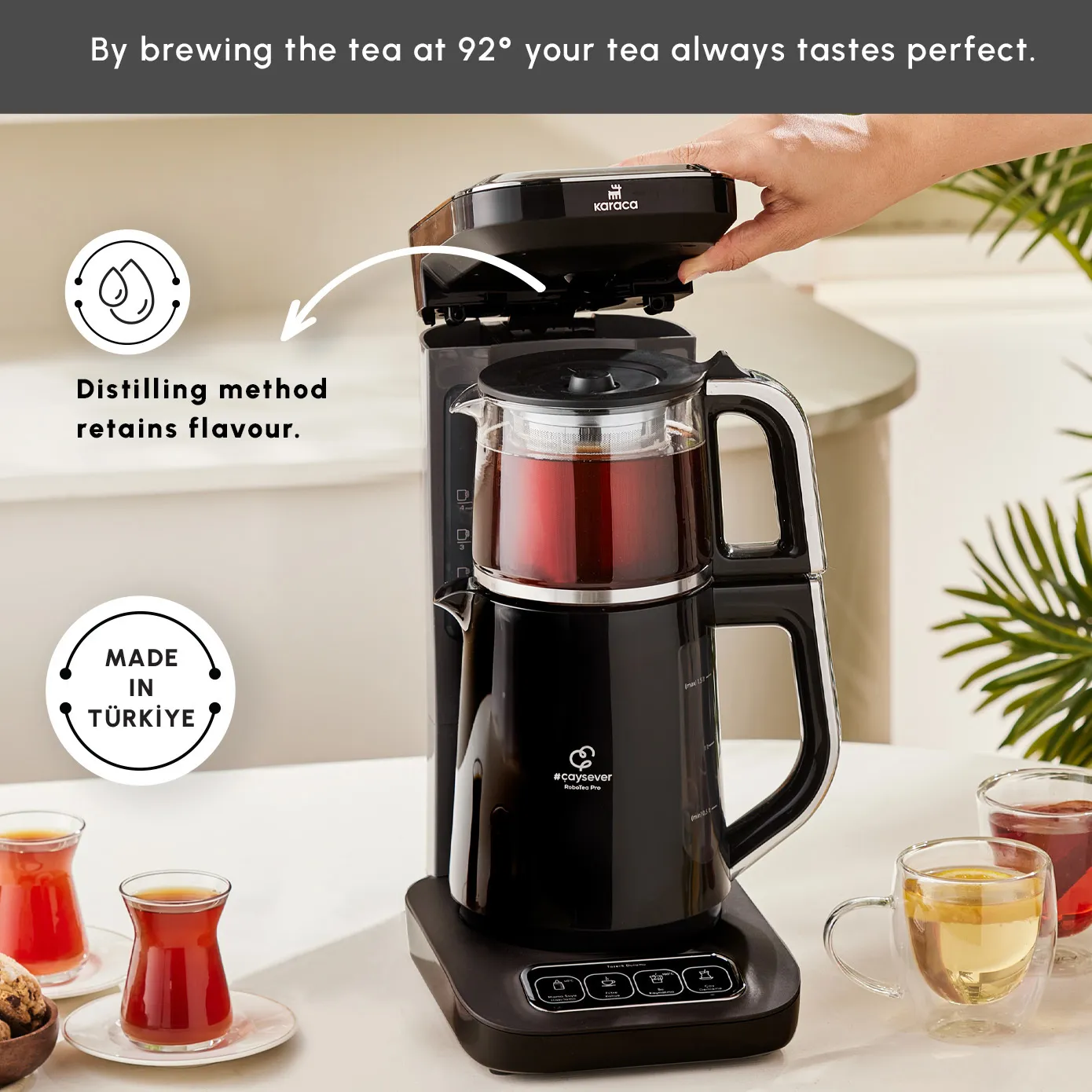 Karaca Caysever Robotea Pro 4 in 1 Talking Automatic Tea Maker Kettle and Filter Coffee Maker, 2500W, Black Chrome - Image 5