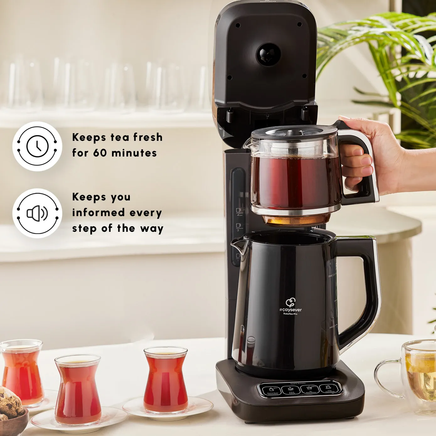 Karaca Caysever Robotea Pro 4 in 1 Talking Automatic Tea Maker Kettle and Filter Coffee Maker, 2500W, Black Chrome - Image 6