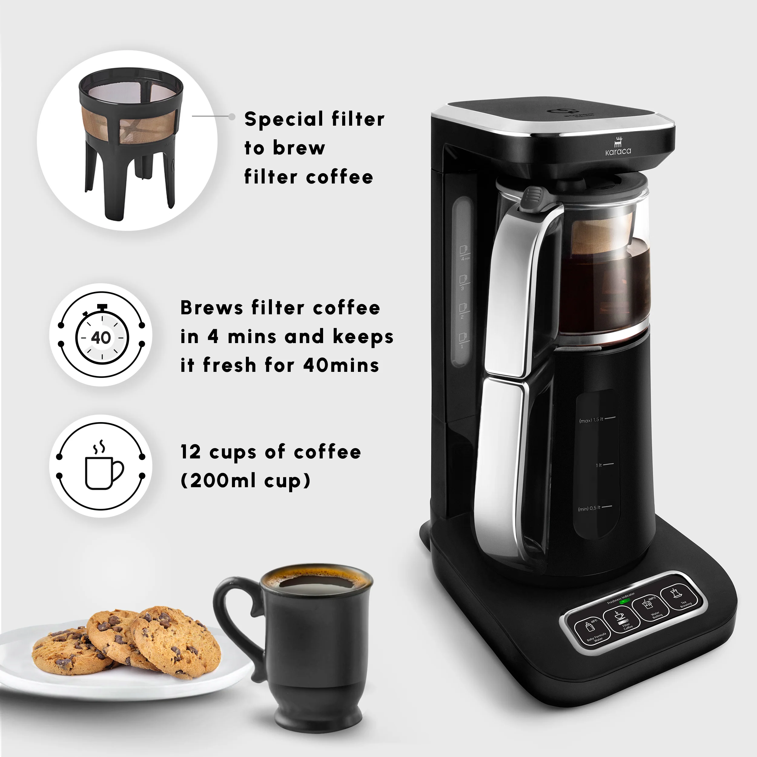 Karaca Caysever Robotea Pro 4 in 1 Talking Automatic Tea Maker Kettle and Filter Coffee Maker, 2500W, Black Chrome - Image 8