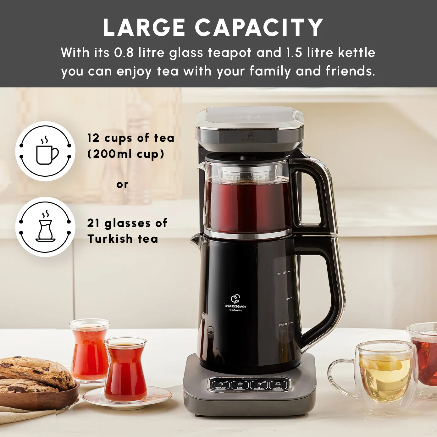 Karaca Caysever Robotea Pro 4 in 1 Talking Automatic Tea Maker Kettle and Filter Coffee Maker, 2500W, Space Grey - Image 3