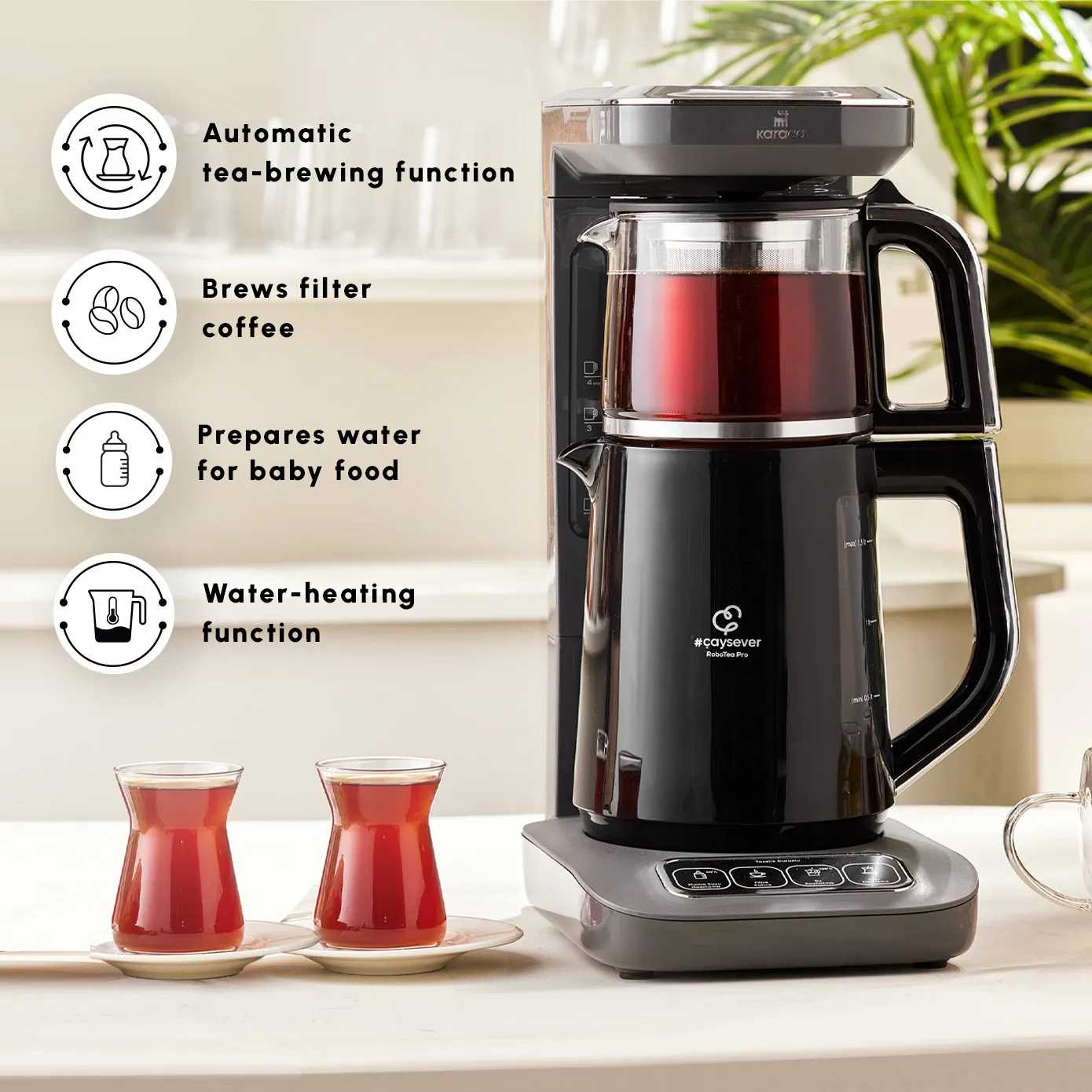 Karaca Caysever Robotea Pro 4 in 1 Talking Automatic Tea Maker Kettle and Filter Coffee Maker, 2500W, Space Grey - Image 4