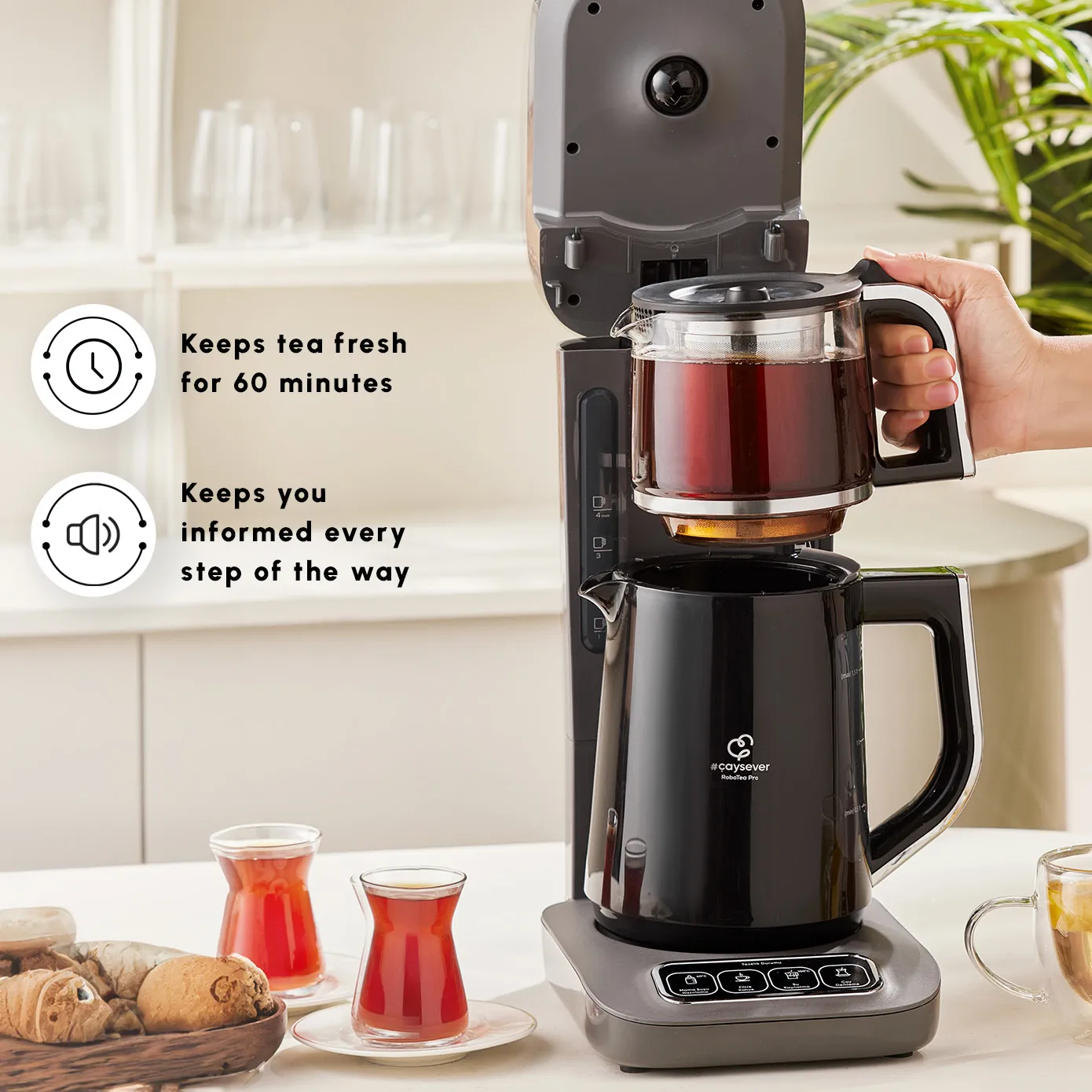 Karaca Caysever Robotea Pro 4 in 1 Talking Automatic Tea Maker Kettle and Filter Coffee Maker, 2500W, Space Grey - Image 6