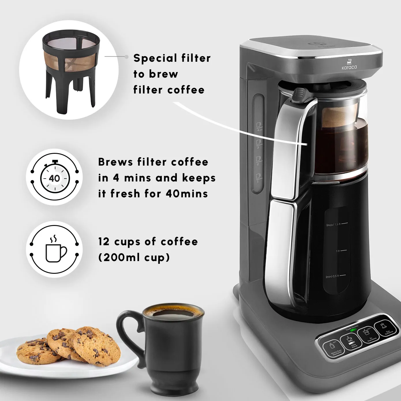 Karaca Caysever Robotea Pro 4 in 1 Talking Automatic Tea Maker Kettle and Filter Coffee Maker, 2500W, Space Grey - Image 8