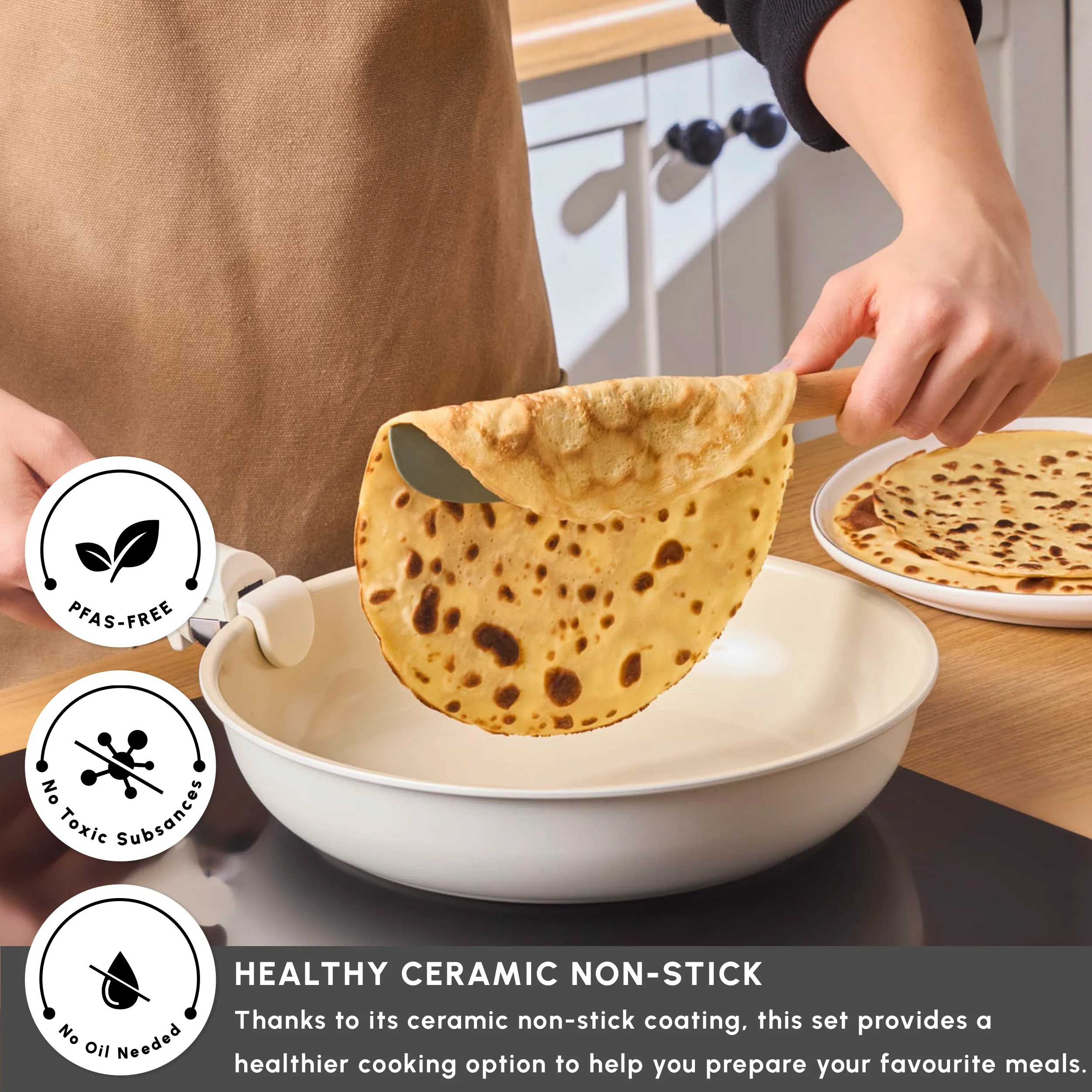 Karaca Ceramica Comfort 6-Piece Non-Stick Induction Detachable Cookware Set, Cream - Image 3
