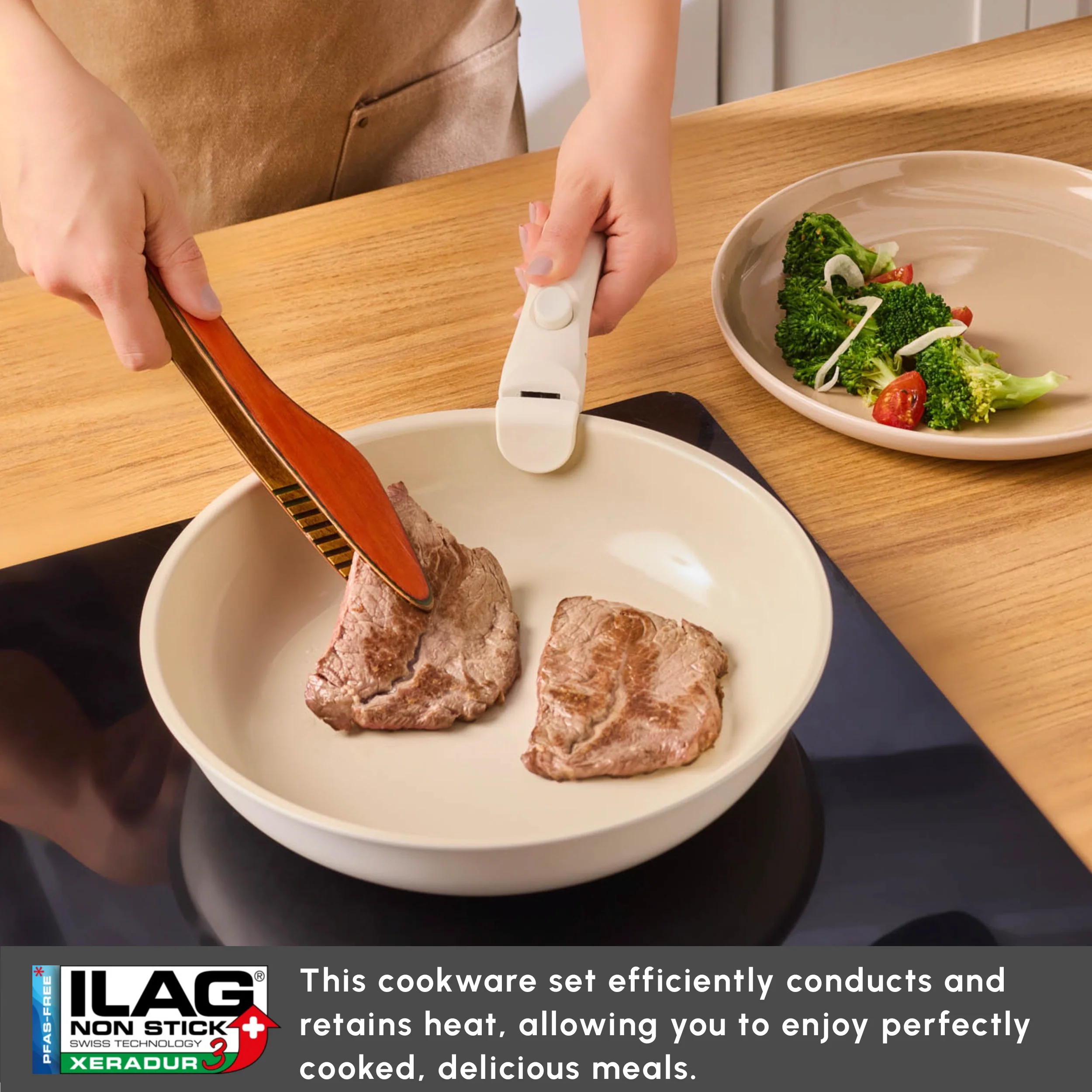 Karaca Ceramica Comfort 6-Piece Non-Stick Induction Detachable Cookware Set, Cream - Image 5