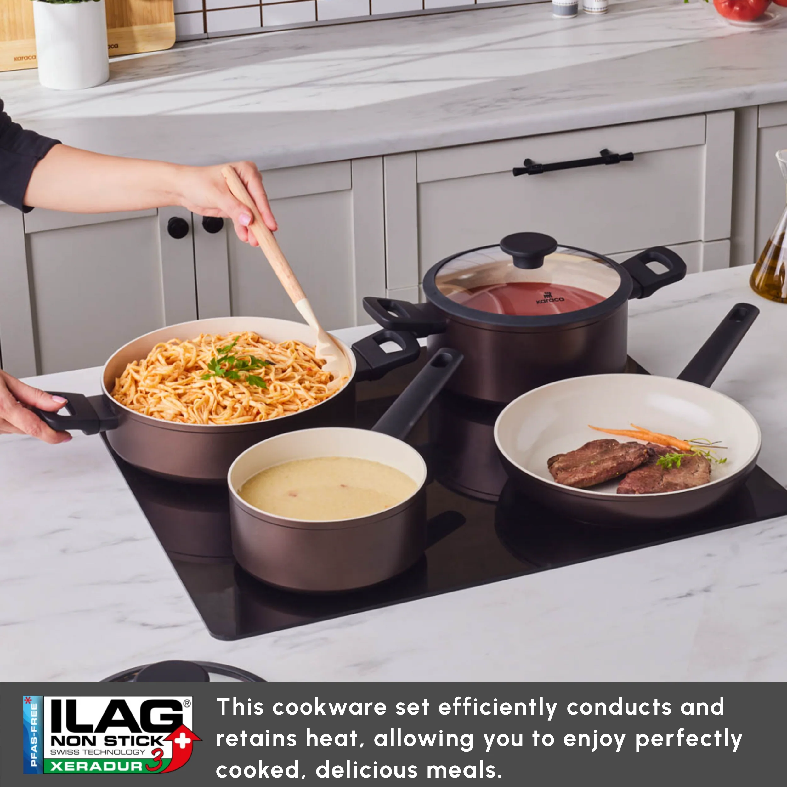 Karaca Ceramica Iconic Bronze 7-Piece Non-Stick Induction Cookware Set, Bronze - Image 5