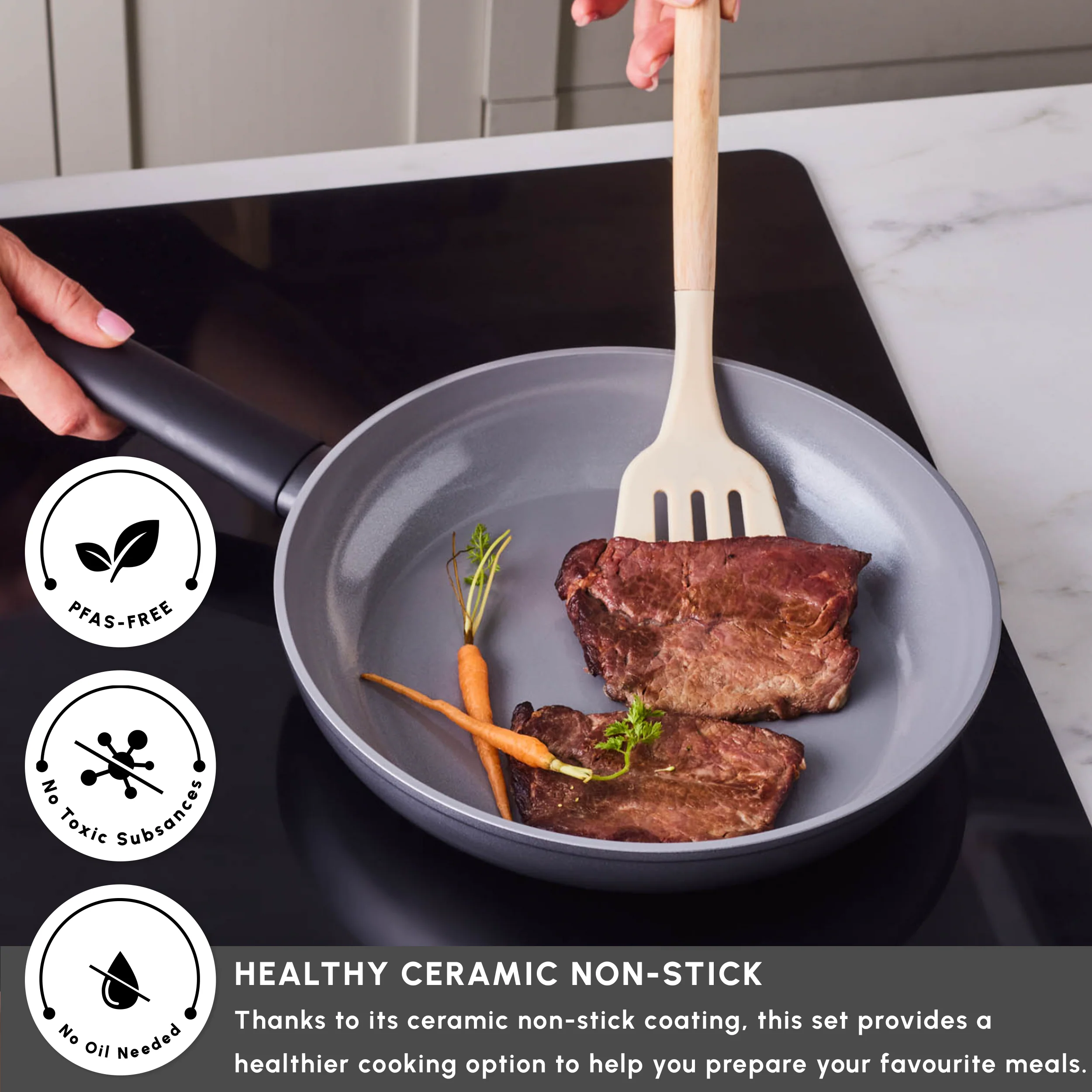 Karaca Ceramica Iconic Grey 7-Piece Non-Stick Induction Cookware Set, Grey - Image 3