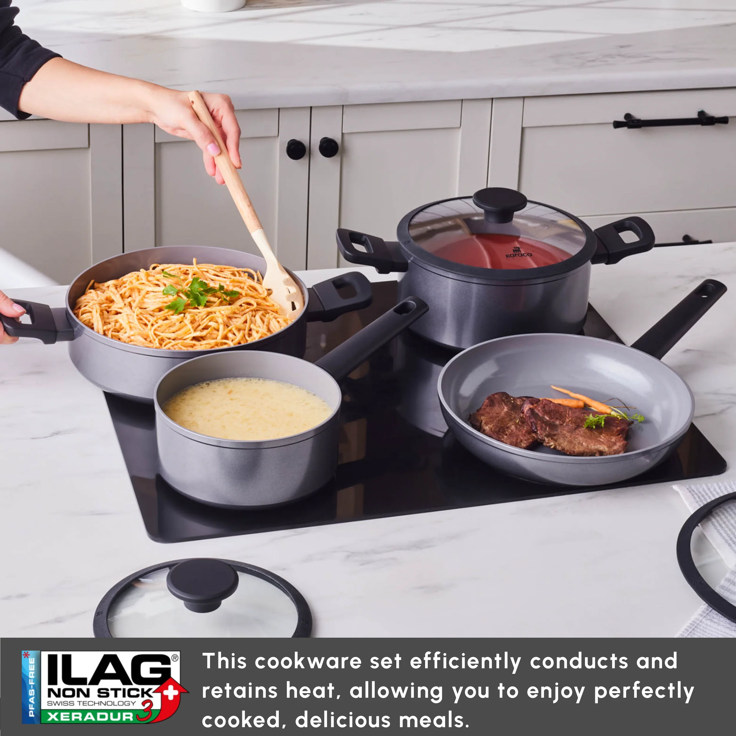 Karaca Ceramica Iconic Grey 7-Piece Non-Stick Induction Cookware Set, Grey - Image 5