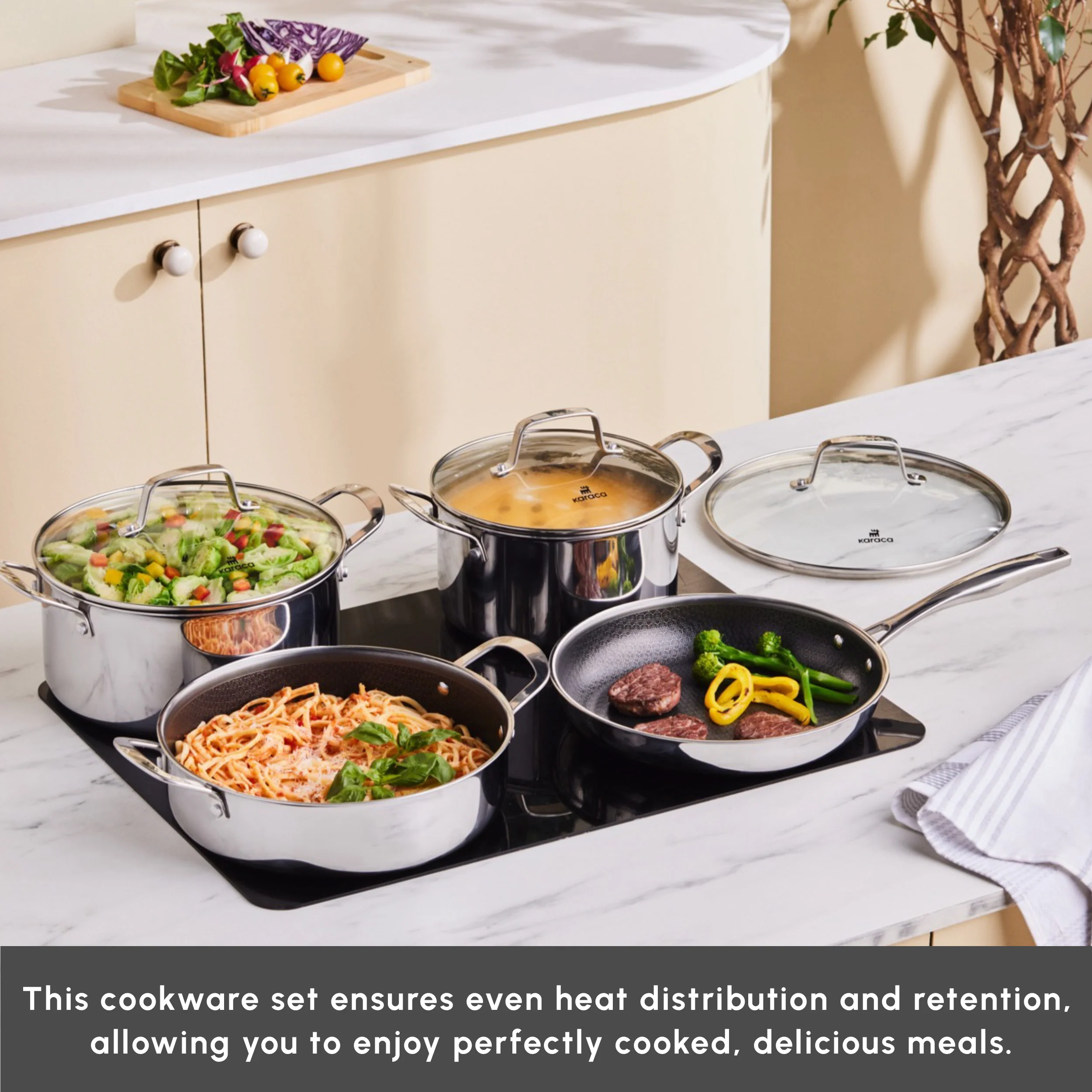 Karaca Ceramica Steel 3Ply Stainless Steel 7-Piece Induction Non-Stick Cookware Set, Silver - Image 4
