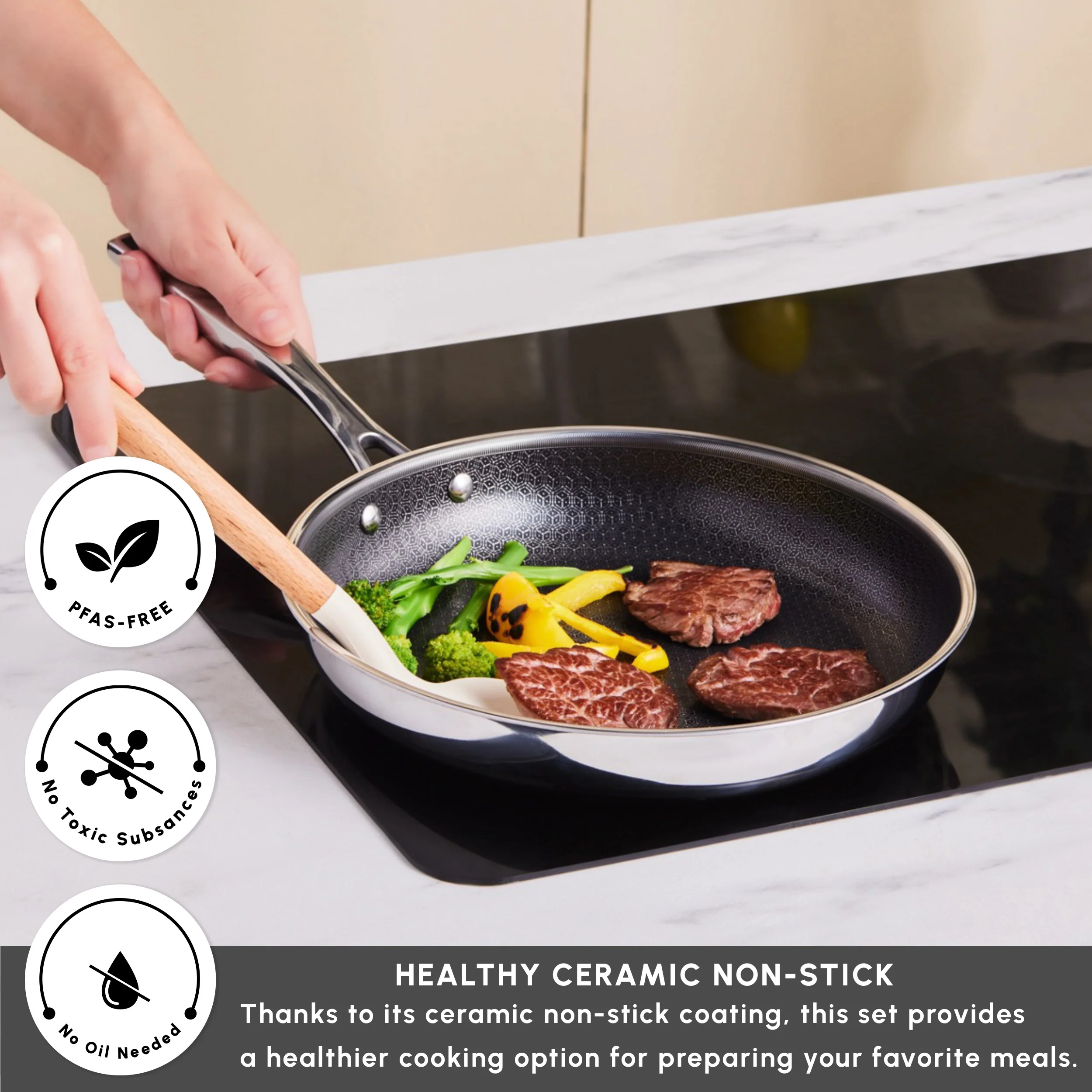 Karaca Ceramica Steel 3Ply Stainless Steel 7-Piece Induction Non-Stick Cookware Set, Silver - Image 5