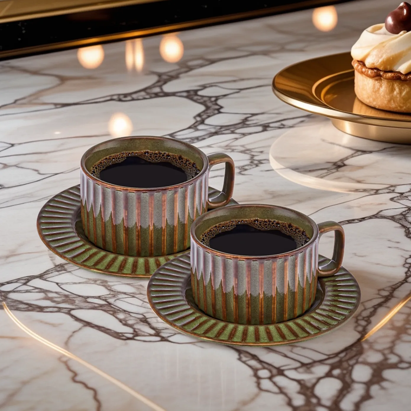 Karaca Cereus 4-Piece Ceramic Reactive Glaze Tea Cup and Saucer Set for 2 People, Green - Image 2