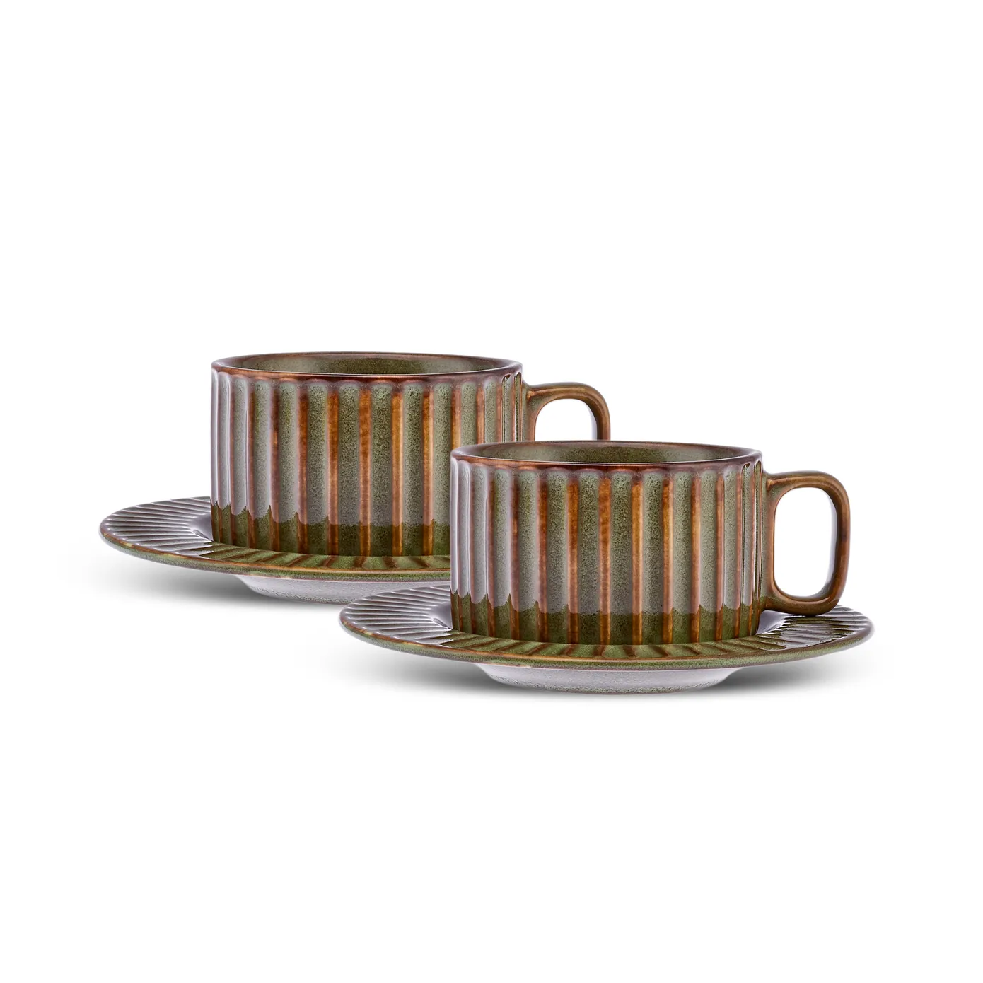 Karaca Cereus 4-Piece Ceramic Reactive Glaze Tea Cup and Saucer Set for 2 People, Green - Image 4