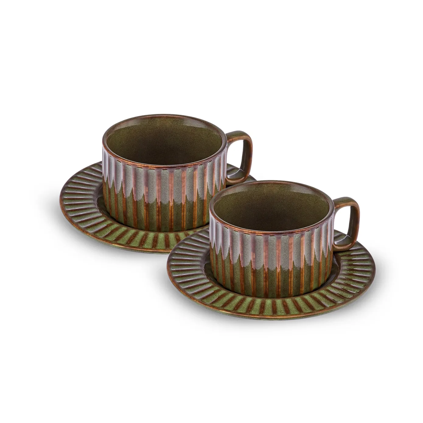 Karaca Cereus 4-Piece Ceramic Reactive Glaze Tea Cup and Saucer Set for 2 People, Green - Image 5