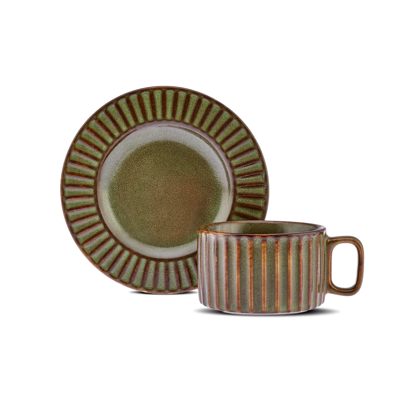 Karaca Cereus 4-Piece Ceramic Reactive Glaze Tea Cup and Saucer Set for 2 People, Green - Image 6