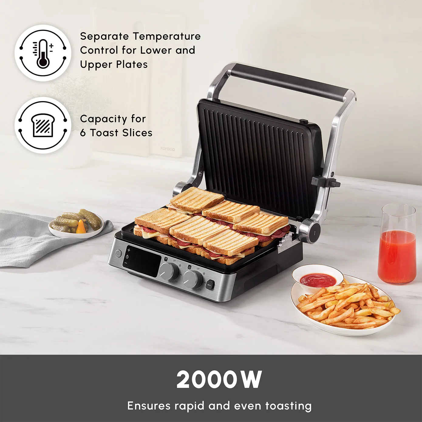 Karaca Compact Steel Pro Sear and Grill Inox 2008 Grill and Sandwich Toaster, 2000W - Image 4