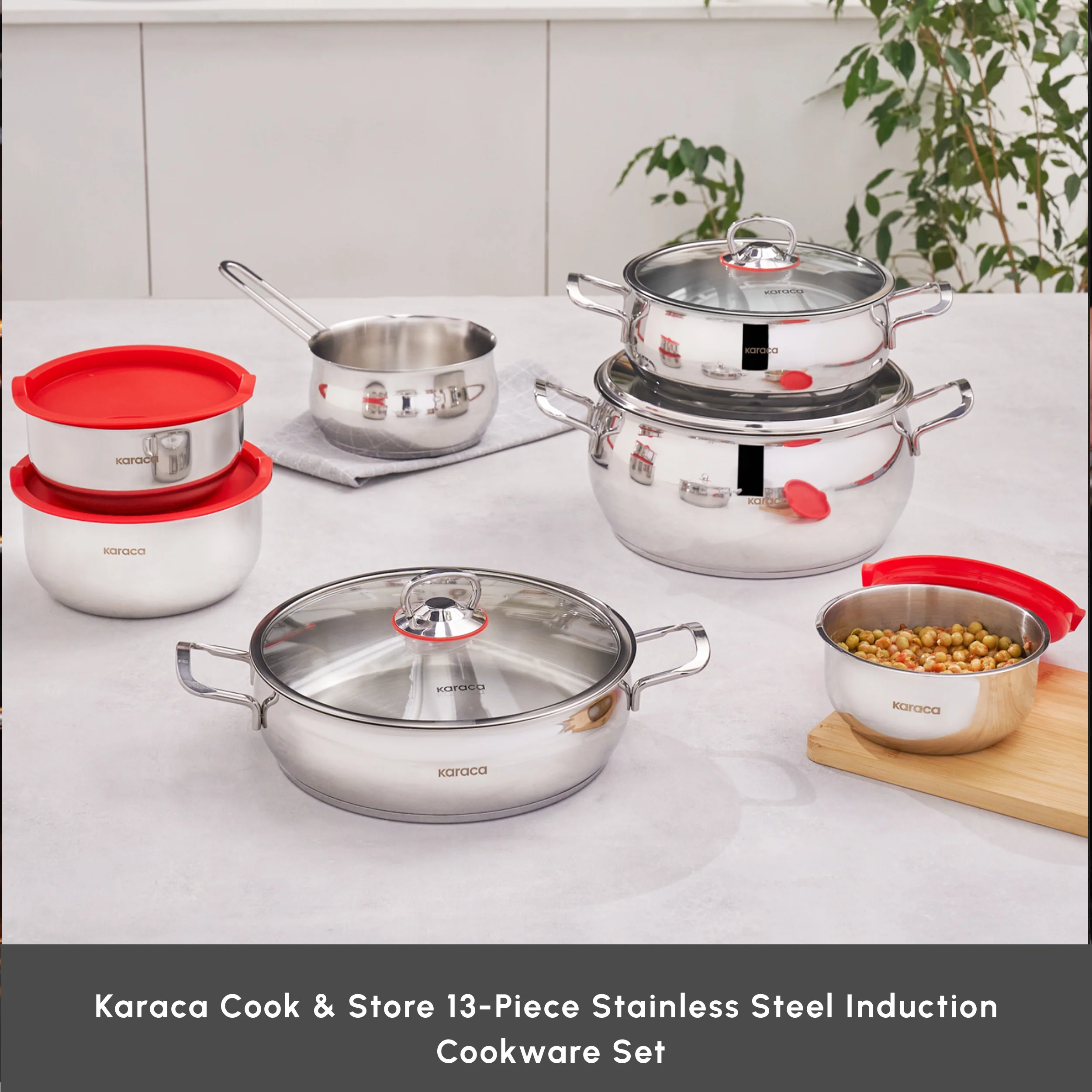 Karaca Cook & Store 13-Piece Stainless Steel Induction Cookware Set, Silver - Image 3