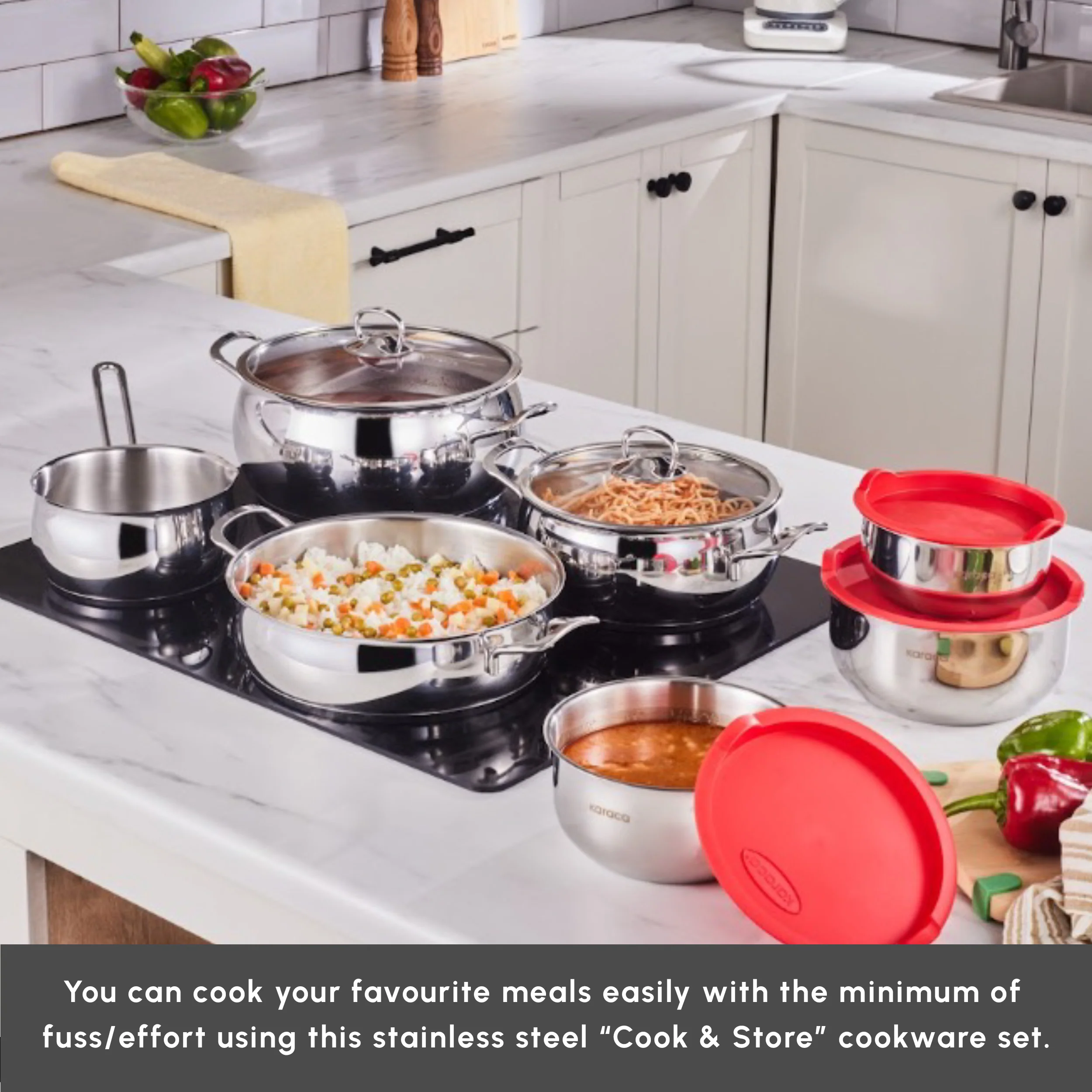 Karaca Cook & Store 13-Piece Stainless Steel Induction Cookware Set, Silver - Image 4
