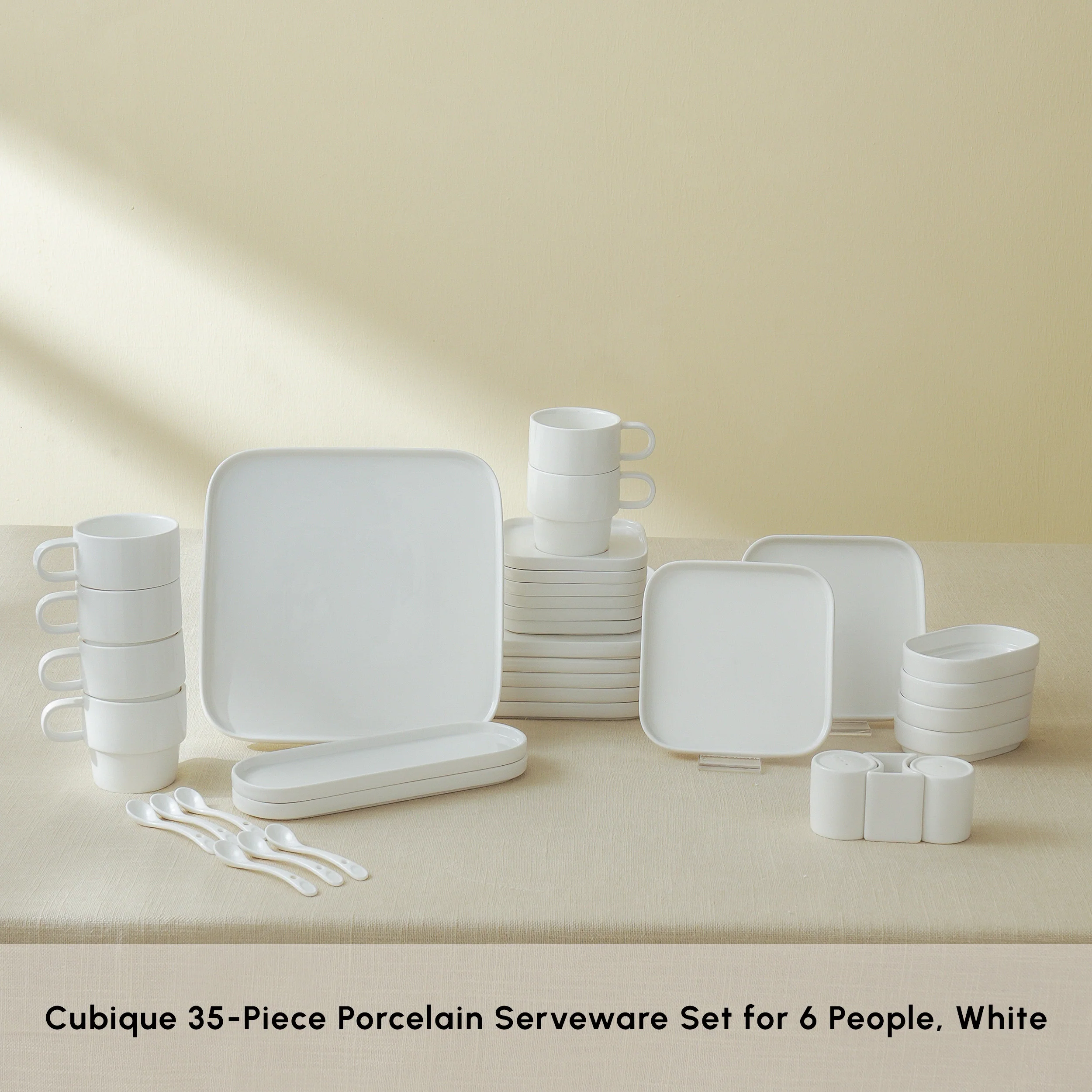 Karaca Stream Pure Stream Bone China Cubique 35-Piece Serveware Set for 6 People, White - Image 3