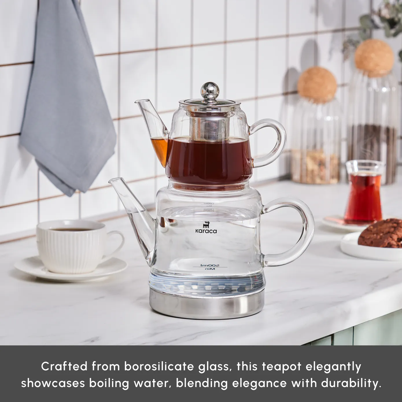Karaca Dora Borosilicate Glass Teapot Set, Medium, Clear - Image 3