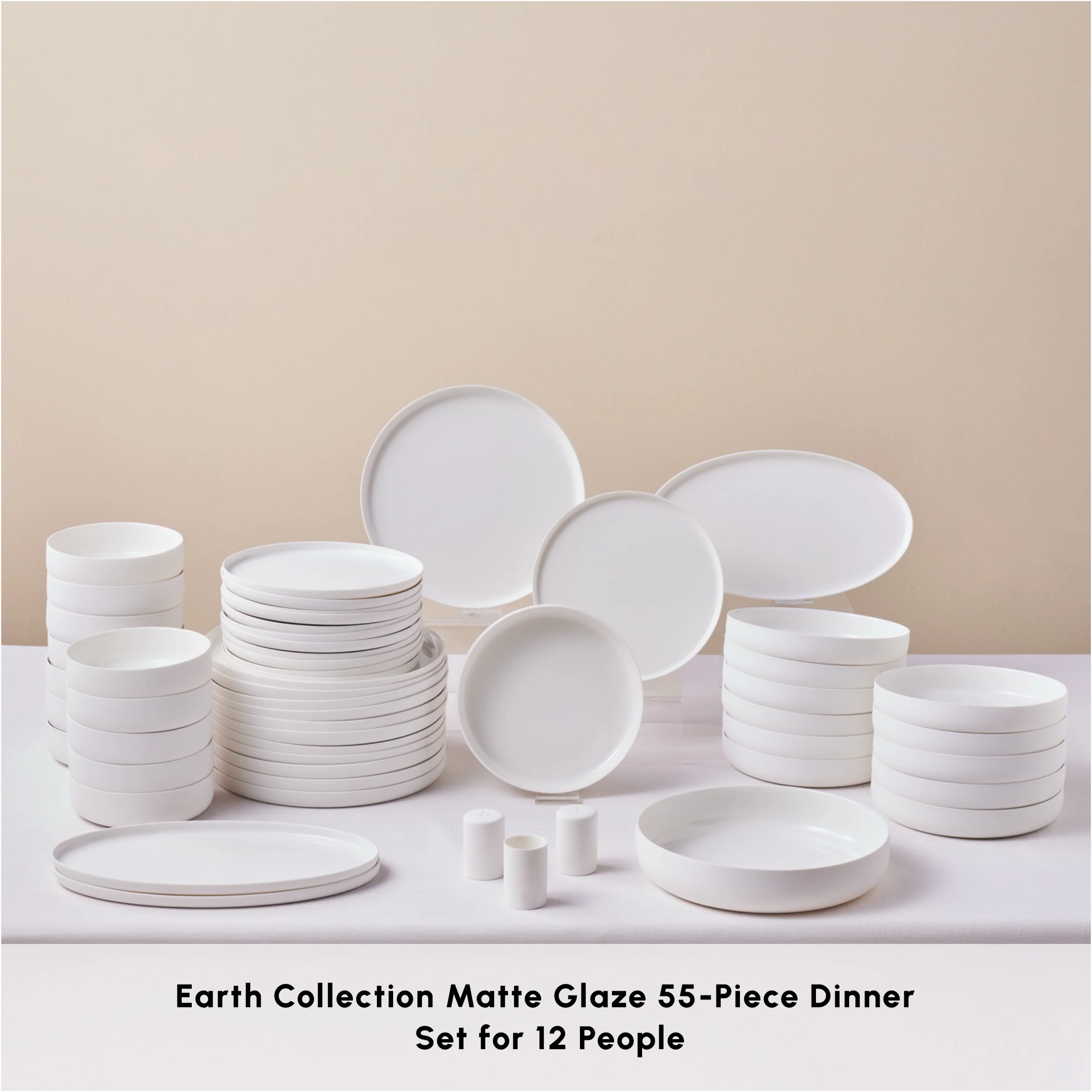 Karaca Earth Collection Matte Glaze 55-Piece Porcelain Dinner Set for 12 People, White - Image 3