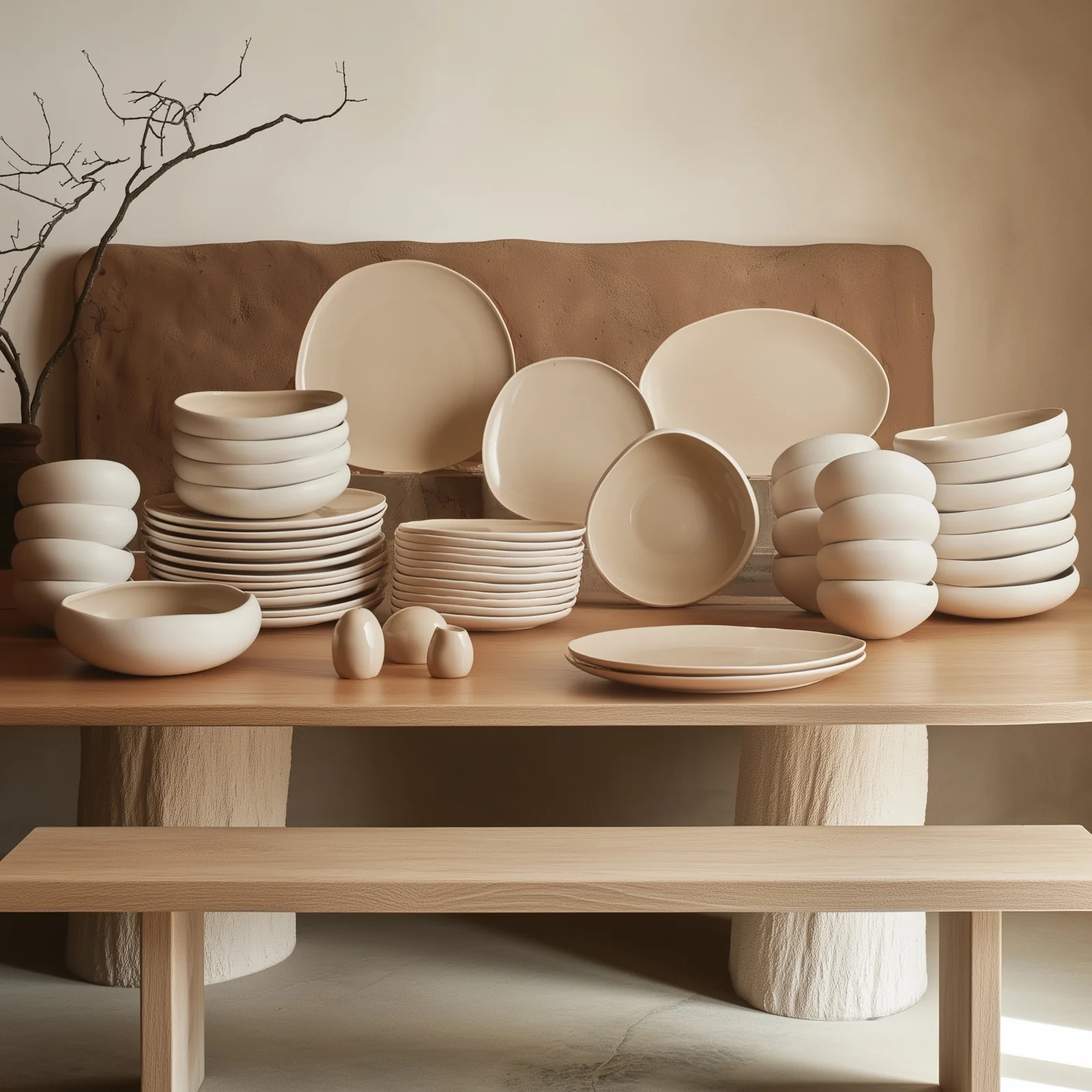 Karaca Earth Collection New Cupid 55-Piece Stoneware Dinner Set for 12 People, Cream