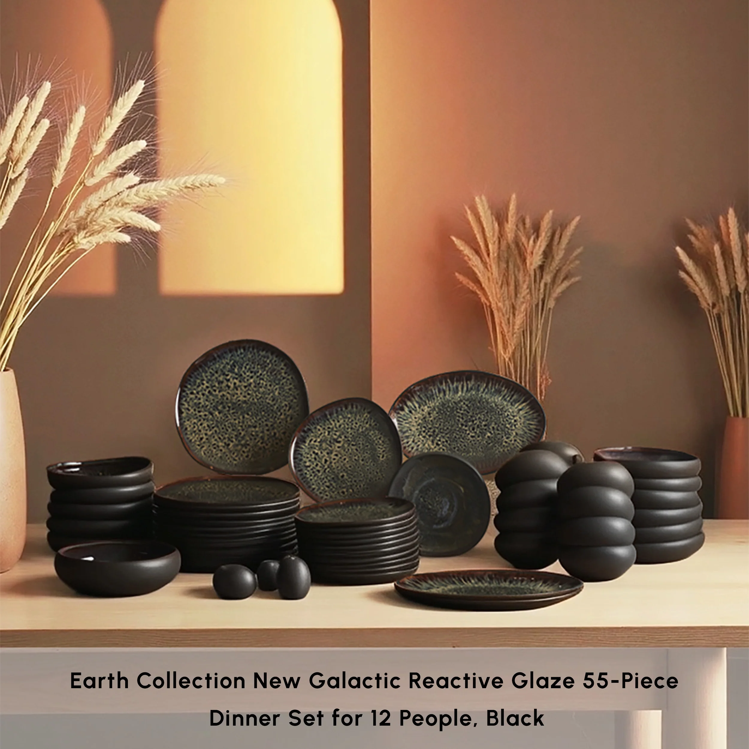 Karaca Earth Collection New Galactic Reactive Glaze 55-Piece Dinner Set for 12 People, Black - Image 3